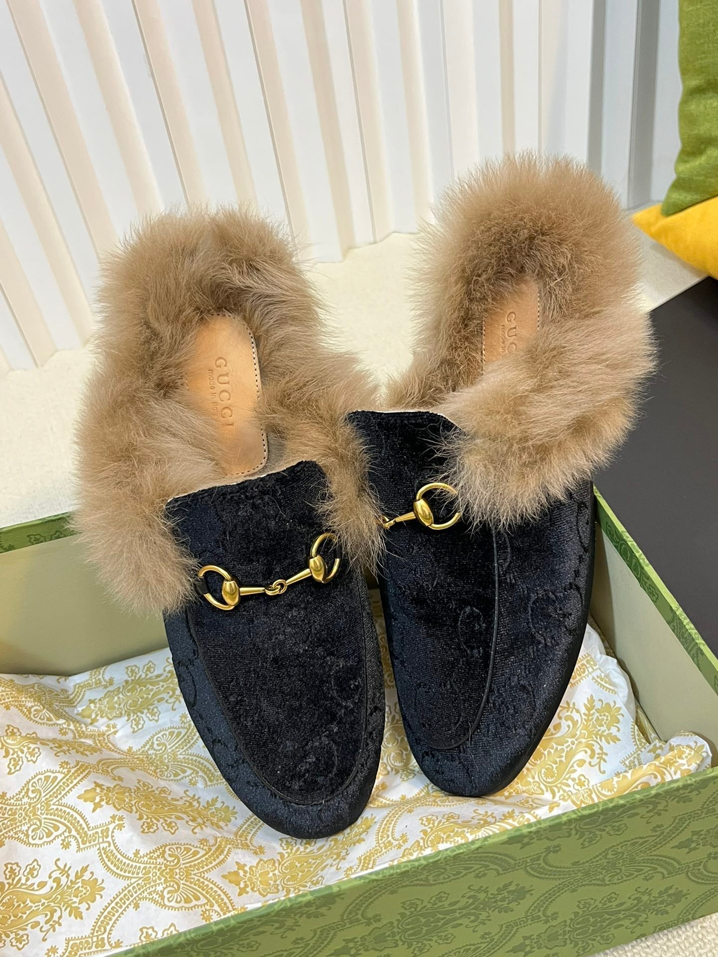 HORSEBIT MULE IN BLACK MONOGRAM VELVET AND LAMB WOOL LINING - 35