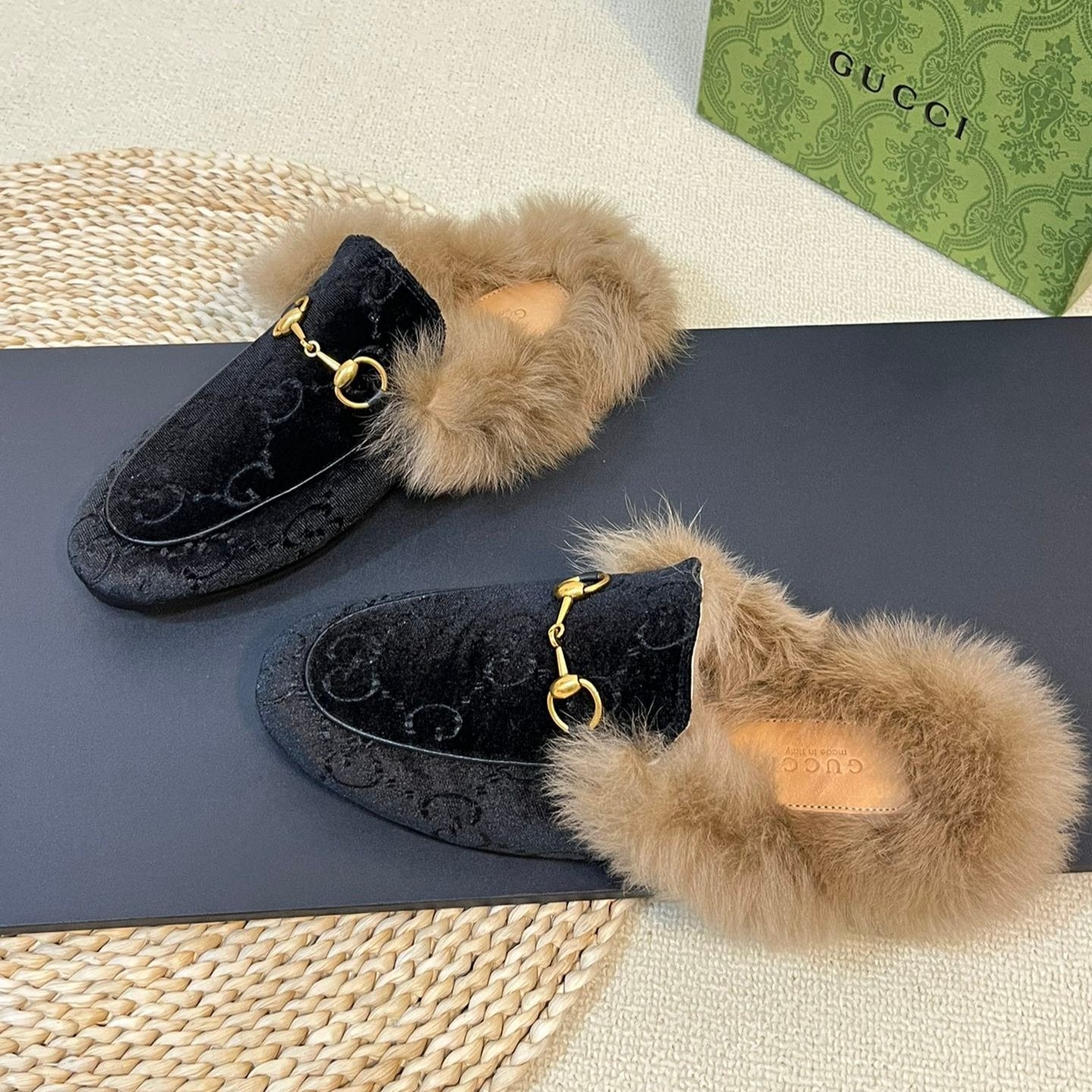 HORSEBIT MULE IN BLACK MONOGRAM VELVET AND LAMB WOOL LINING - 35