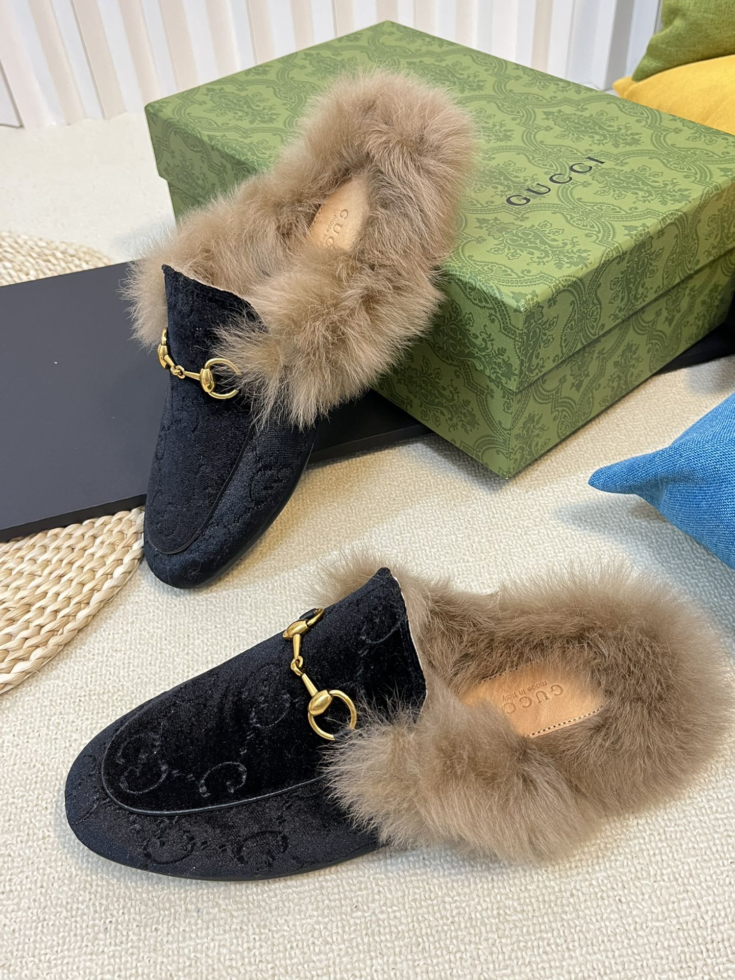 HORSEBIT MULE IN BLACK MONOGRAM VELVET AND LAMB WOOL LINING - 35