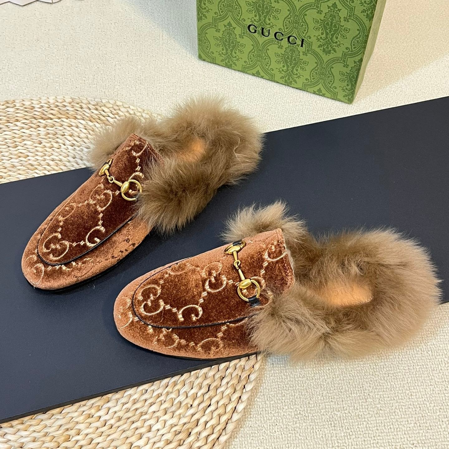 HORSEBIT MULE IN SYRUP BROWN MONOGRAM VELVET AND LAMB WOOL LINING - 35