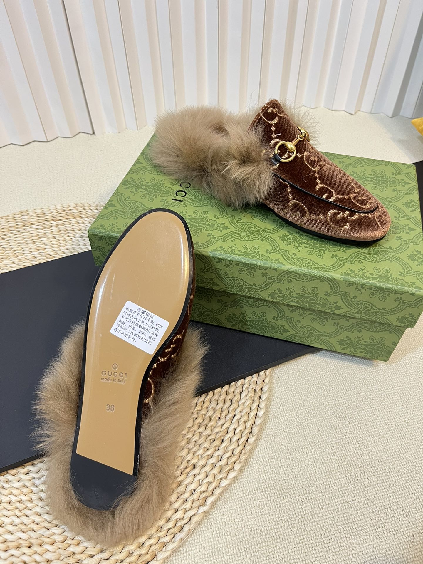 HORSEBIT MULE IN SYRUP BROWN MONOGRAM VELVET AND LAMB WOOL LINING - 35