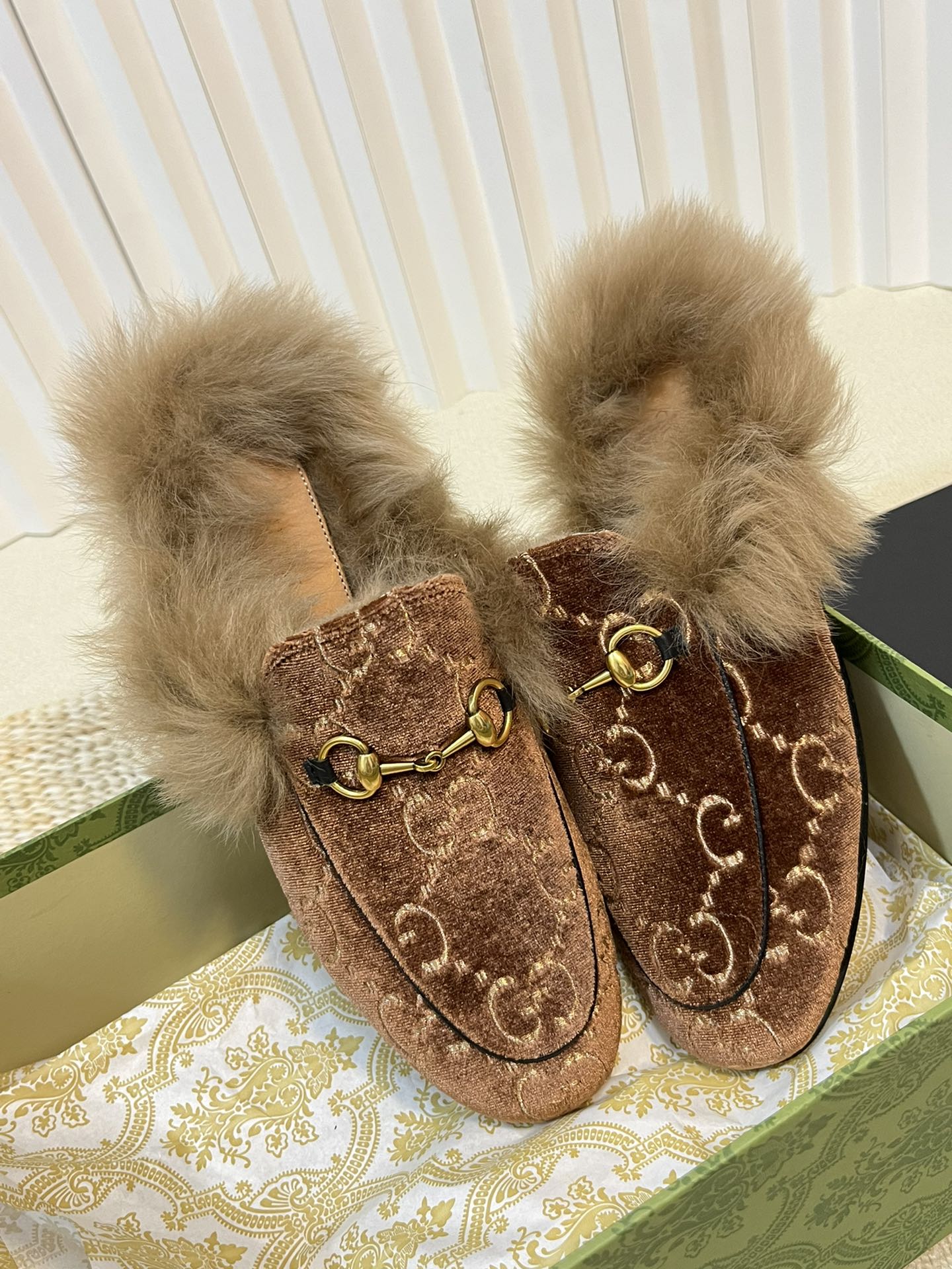 HORSEBIT MULE IN SYRUP BROWN MONOGRAM VELVET AND LAMB WOOL LINING - 35