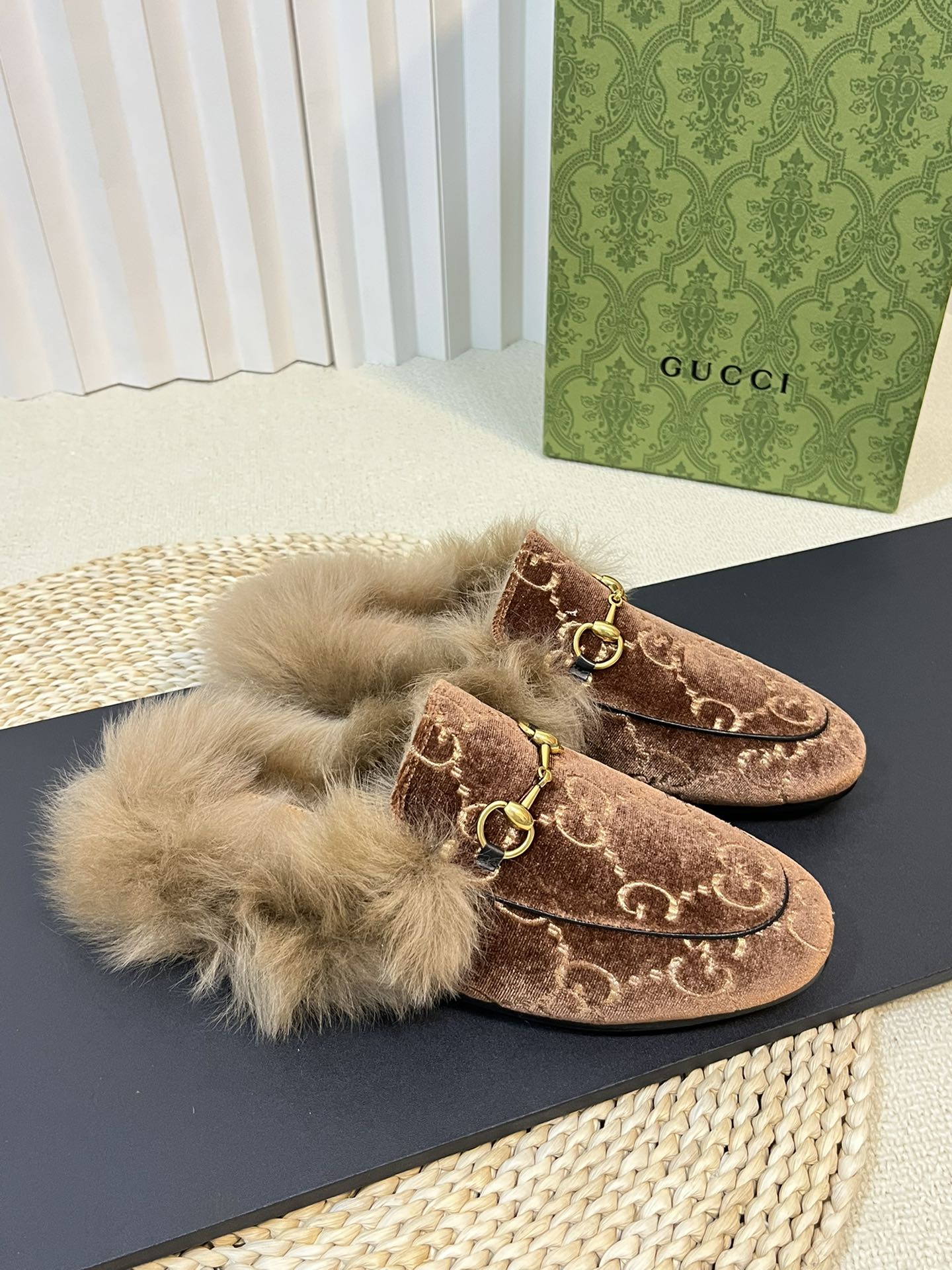 HORSEBIT MULE IN SYRUP BROWN MONOGRAM VELVET AND LAMB WOOL LINING - 35