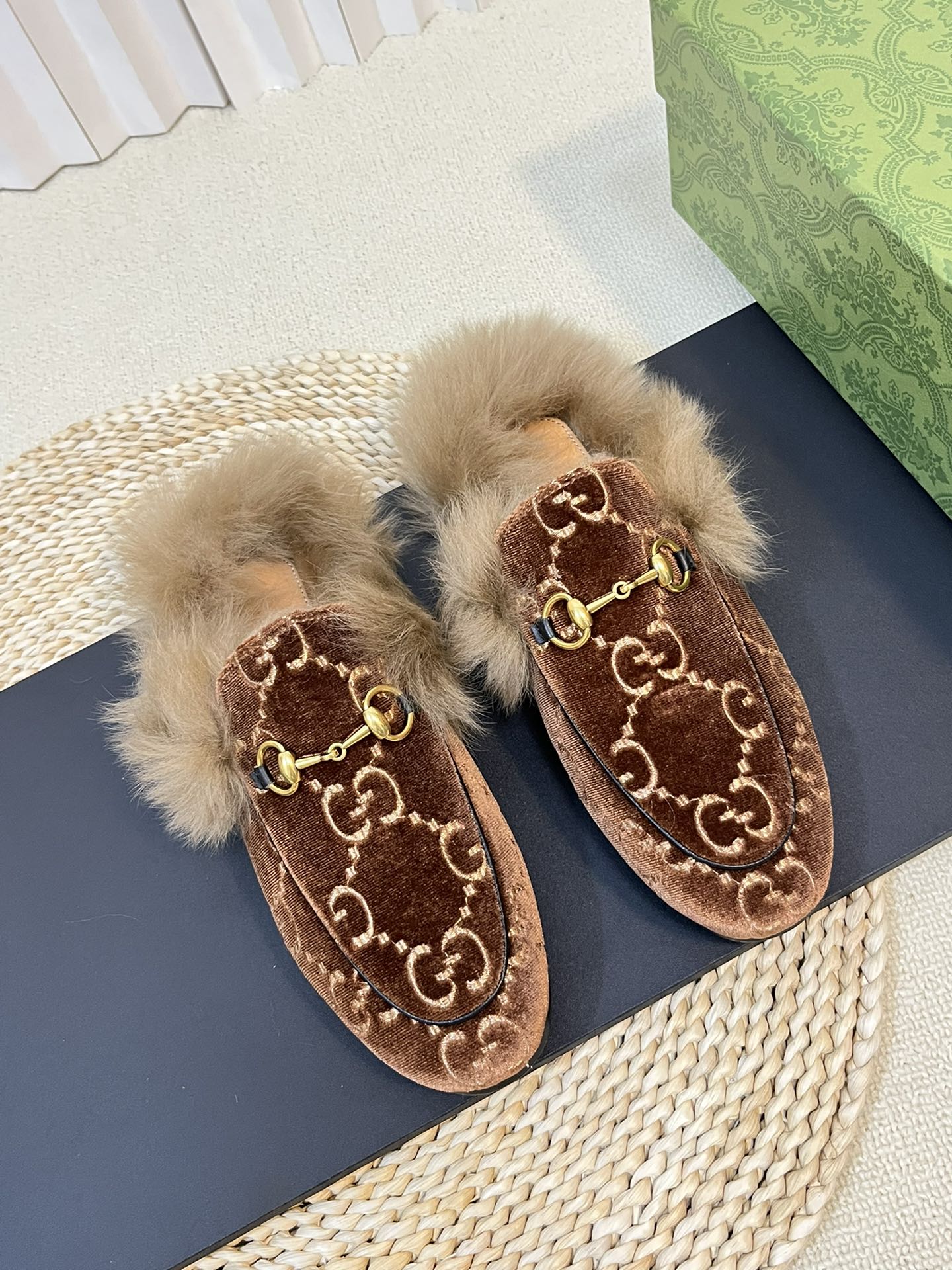HORSEBIT MULE IN SYRUP BROWN MONOGRAM VELVET AND LAMB WOOL LINING - 35