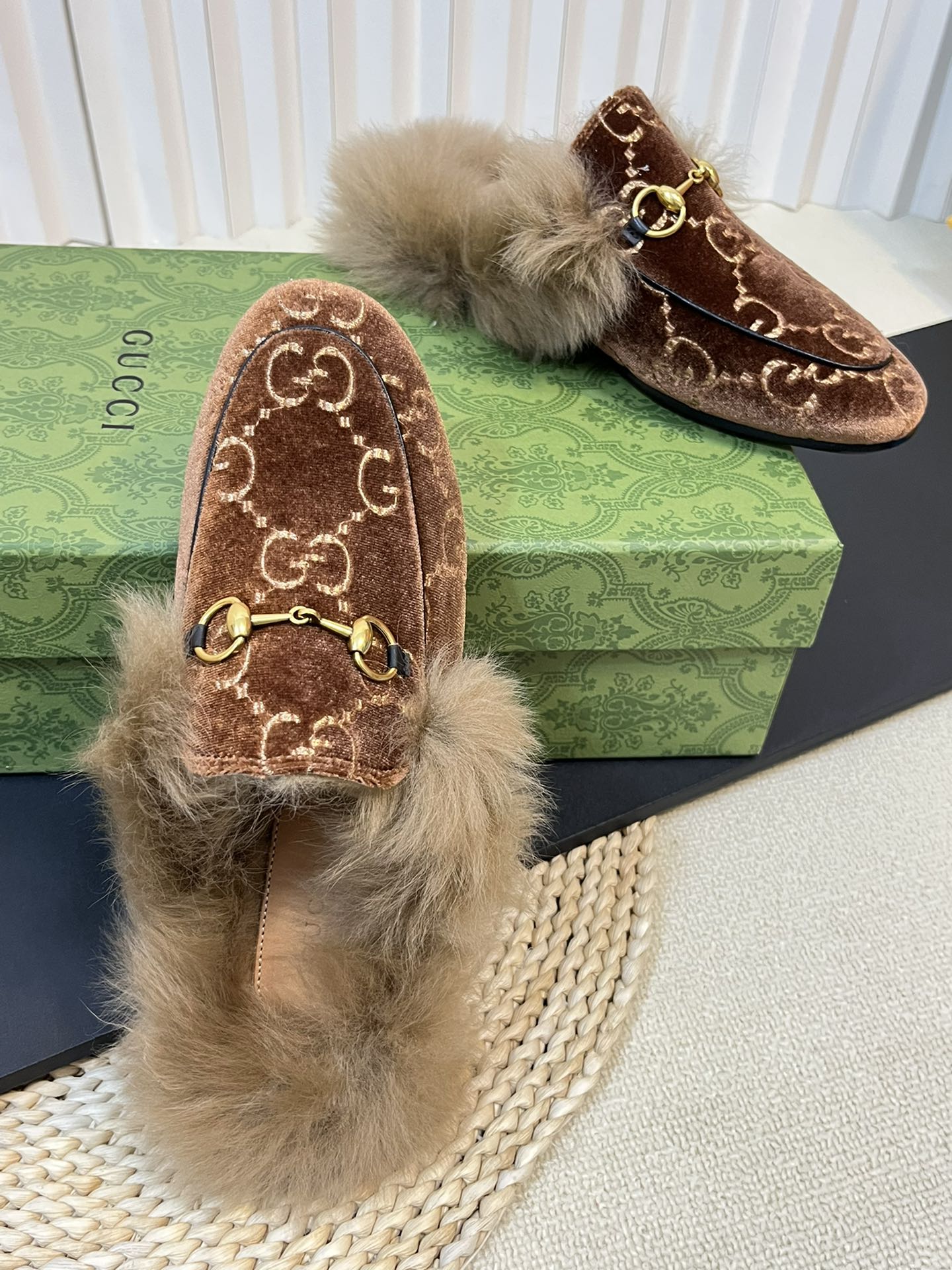HORSEBIT MULE IN SYRUP BROWN MONOGRAM VELVET AND LAMB WOOL LINING - 35