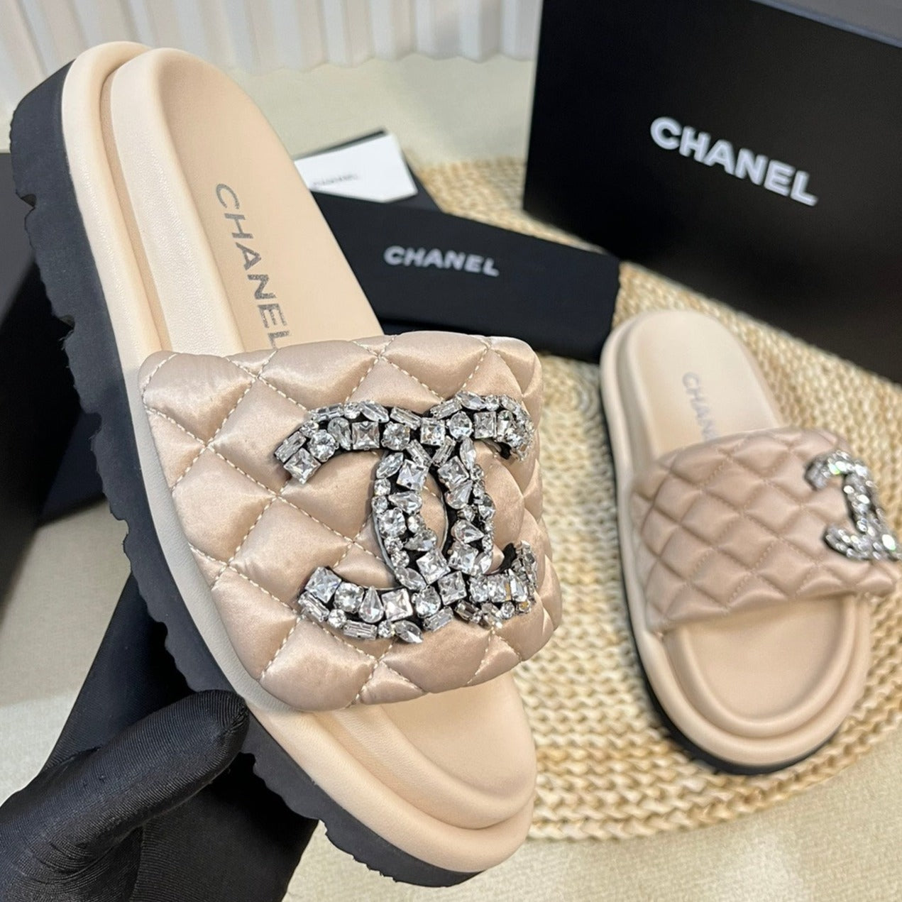New Style Diamond Buckle Double C Thick Bottom Slippers Beige Cream Sheepskin - 35