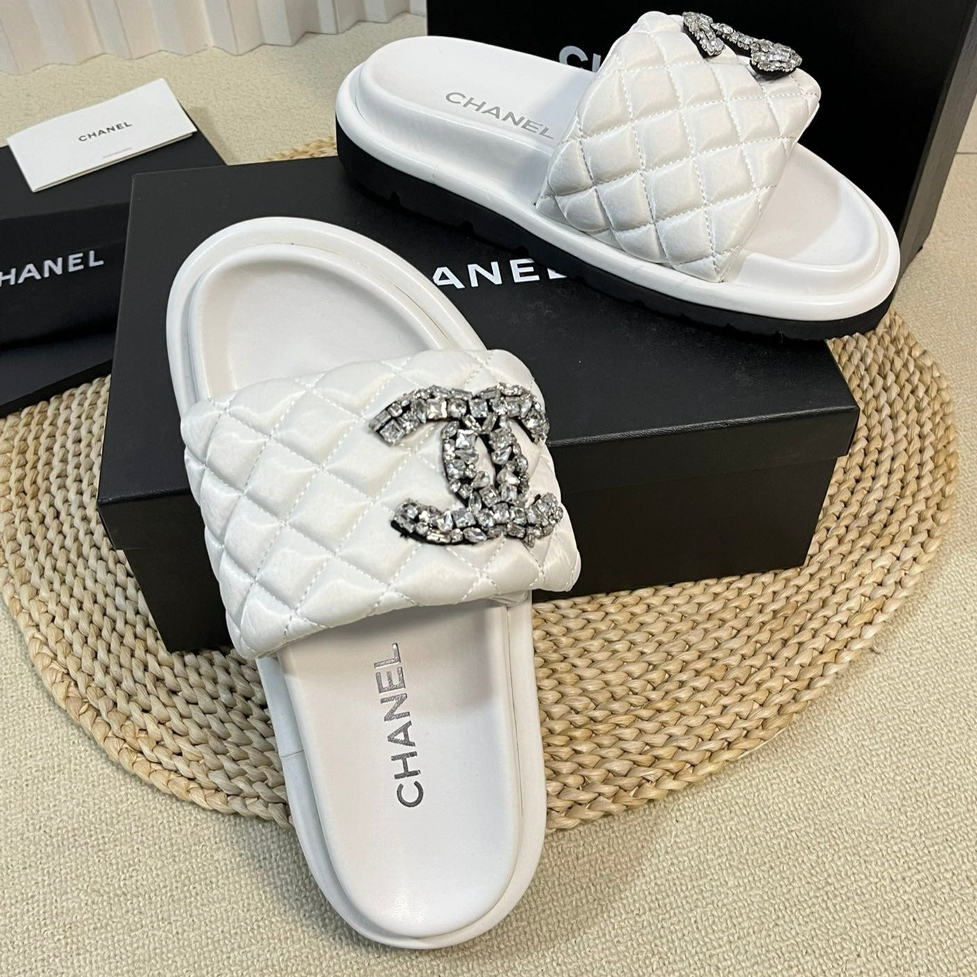 New Style Diamond Buckle Double C Thick Bottom Slippers White Sheepskin - 35
