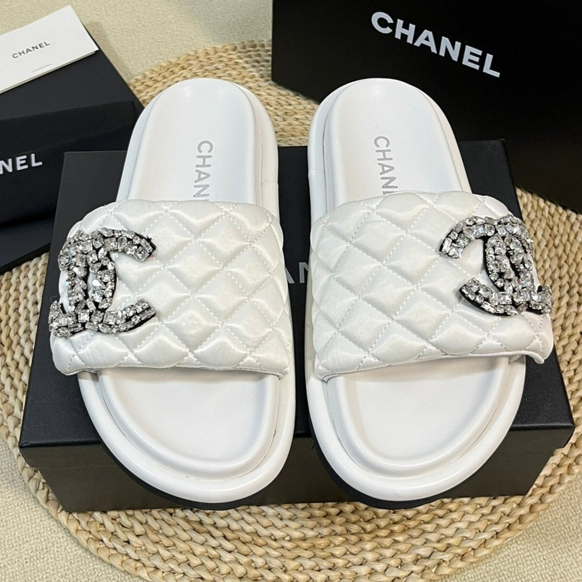 New Style Diamond Buckle Double C Thick Bottom Slippers White Sheepskin - 35