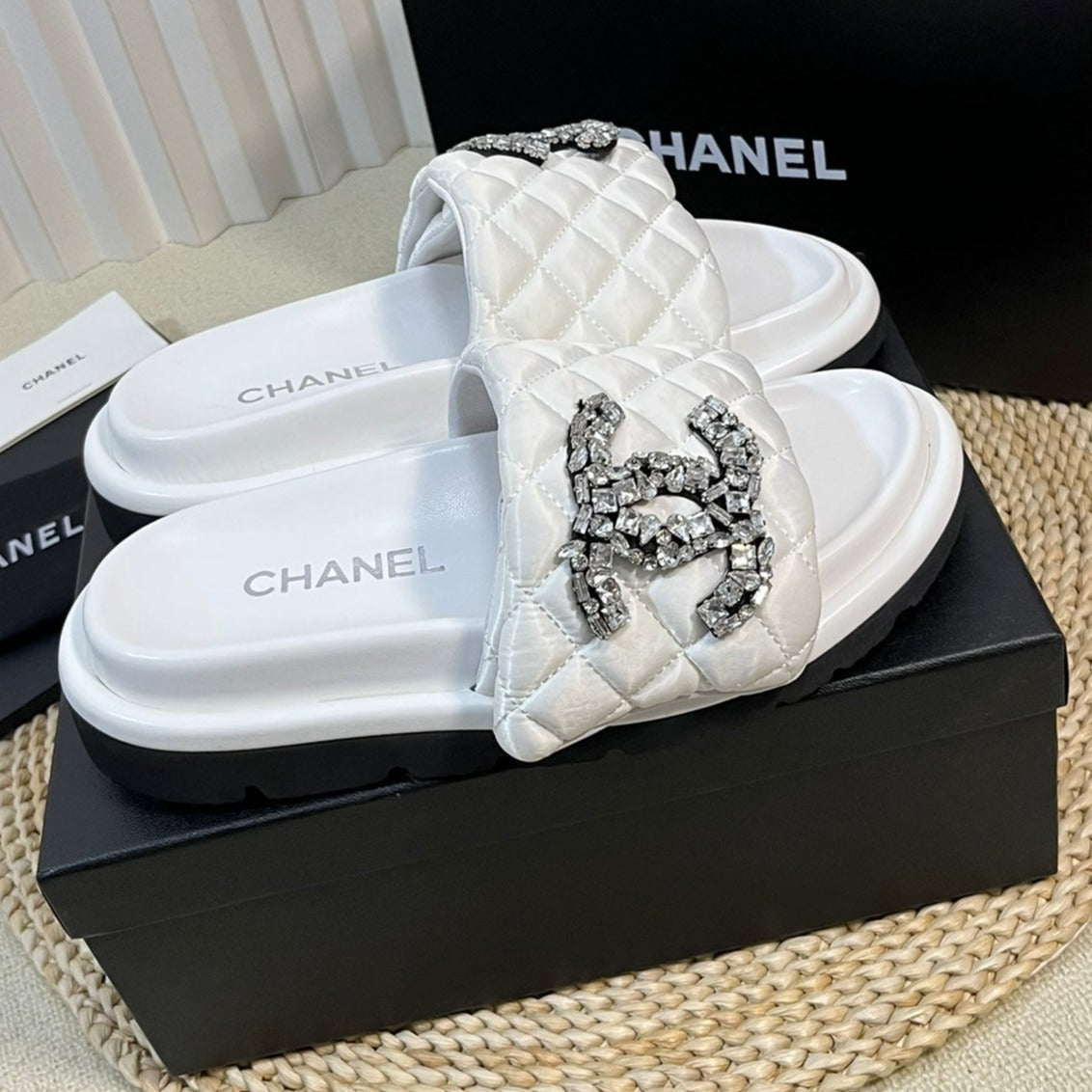 New Style Diamond Buckle Double C Thick Bottom Slippers White Sheepskin - 35