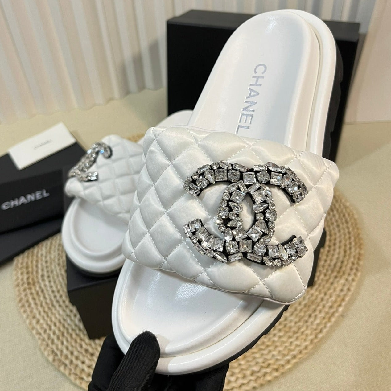 New Style Diamond Buckle Double C Thick Bottom Slippers White Sheepskin - 35