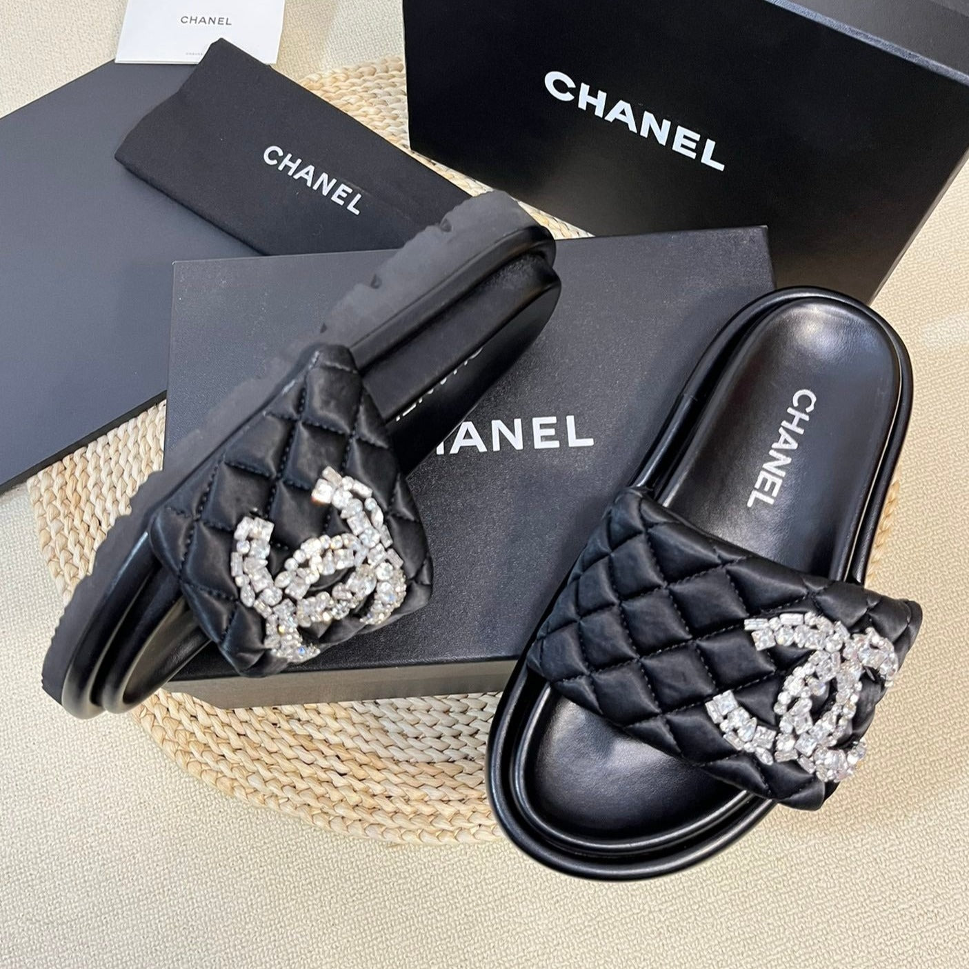 New Style Diamond Buckle Double C Thick Bottom Slippers Black Sheepskin - 35