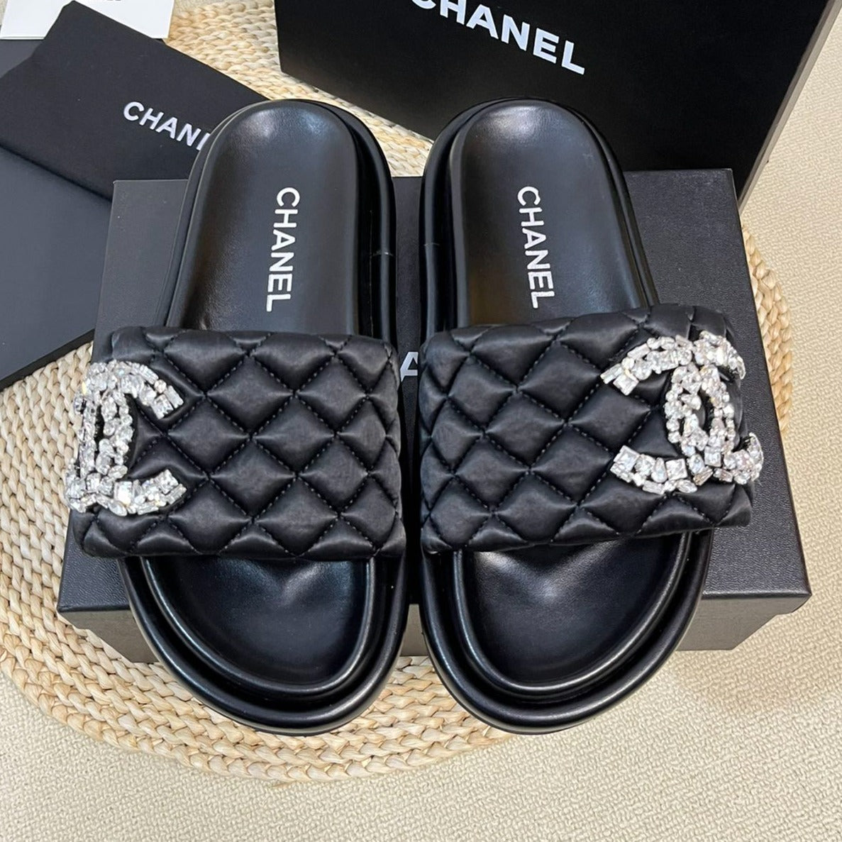 New Style Diamond Buckle Double C Thick Bottom Slippers Black Sheepskin - 35