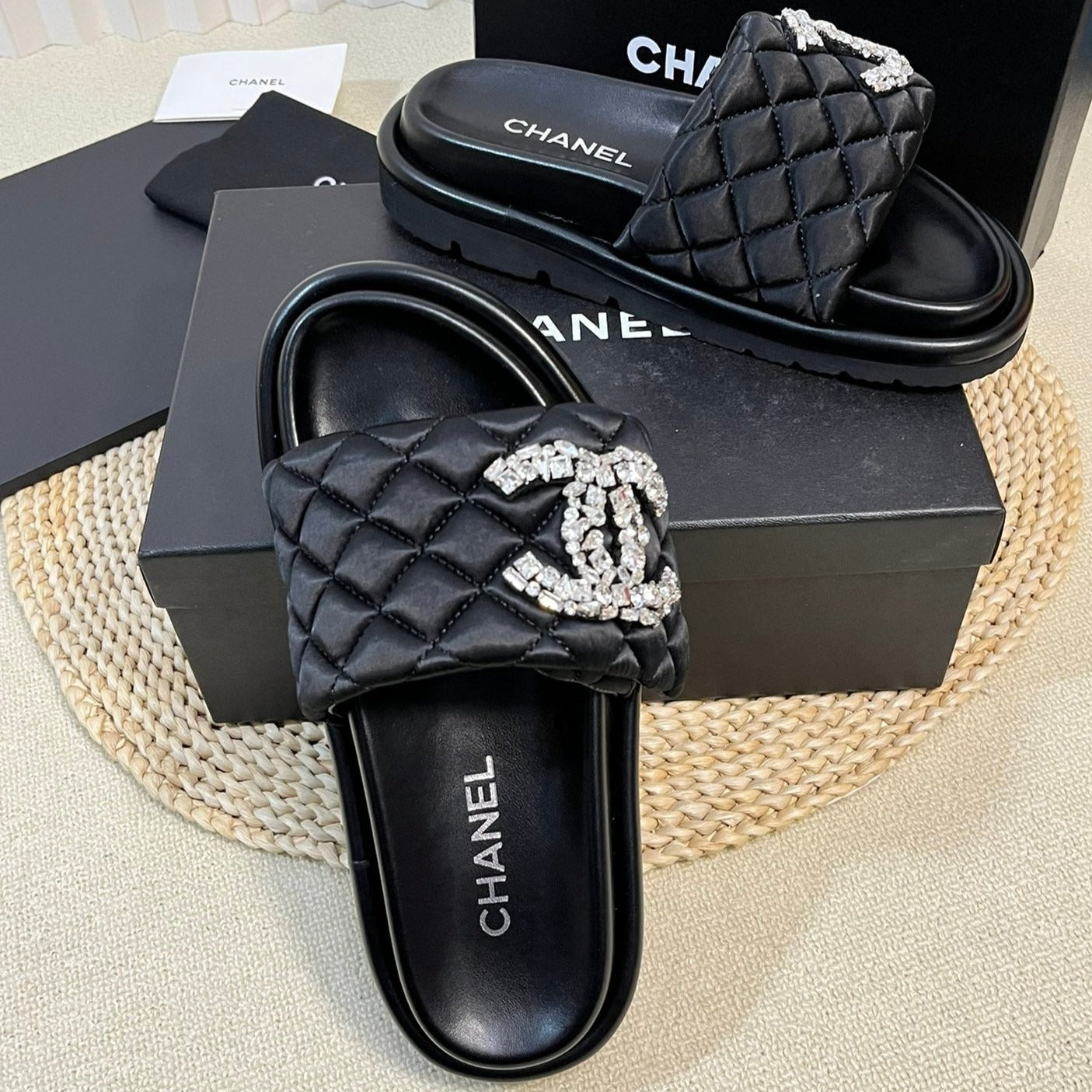 New Style Diamond Buckle Double C Thick Bottom Slippers Black Sheepskin - 35