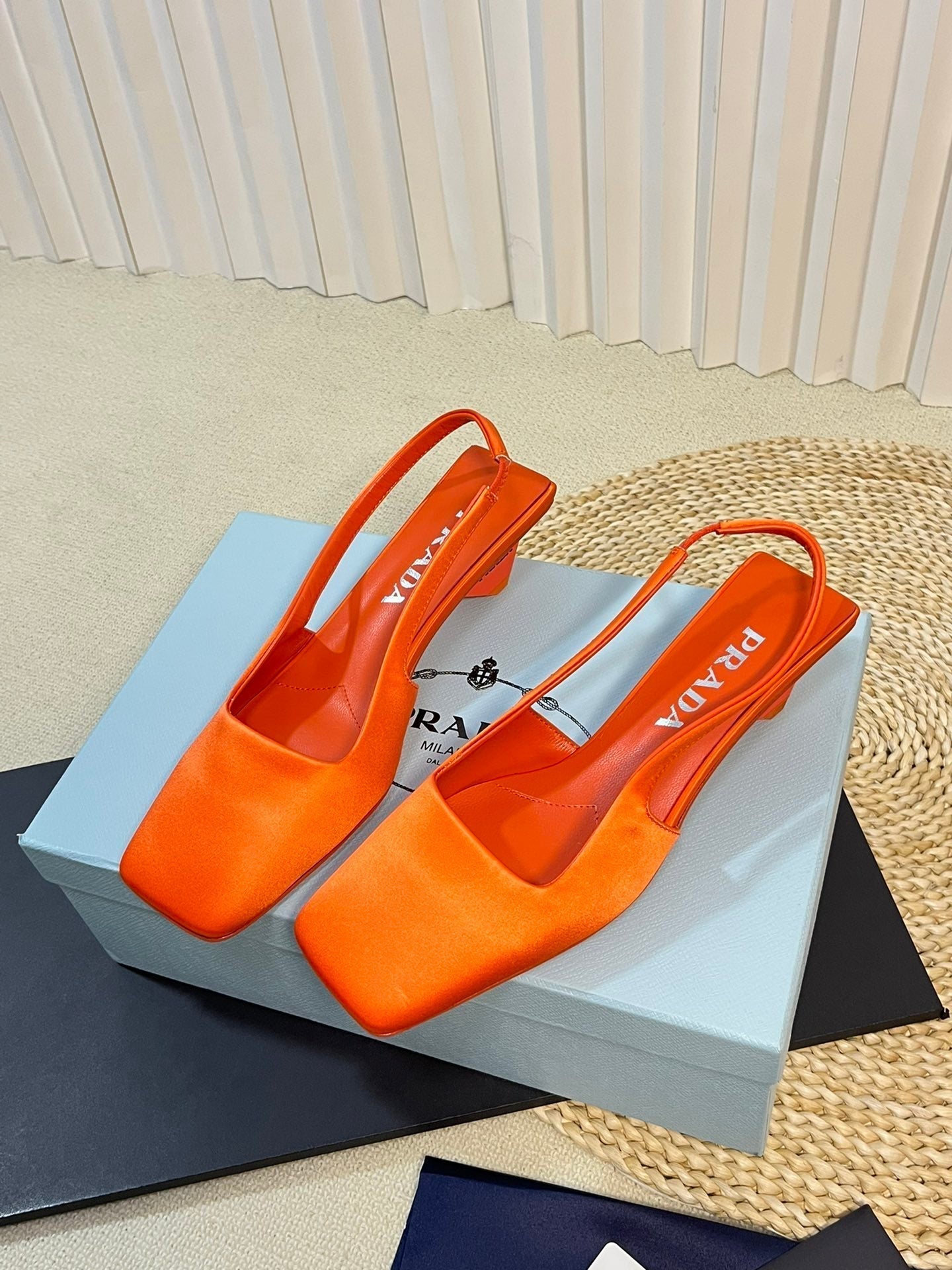 PRA SQUARE TOE SLINGBACK PUMPS BRIGHT ORANGE SATIN - 35