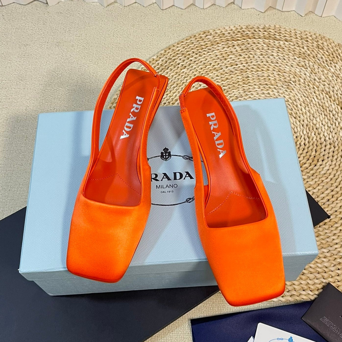 PRA SQUARE TOE SLINGBACK PUMPS BRIGHT ORANGE SATIN - 35
