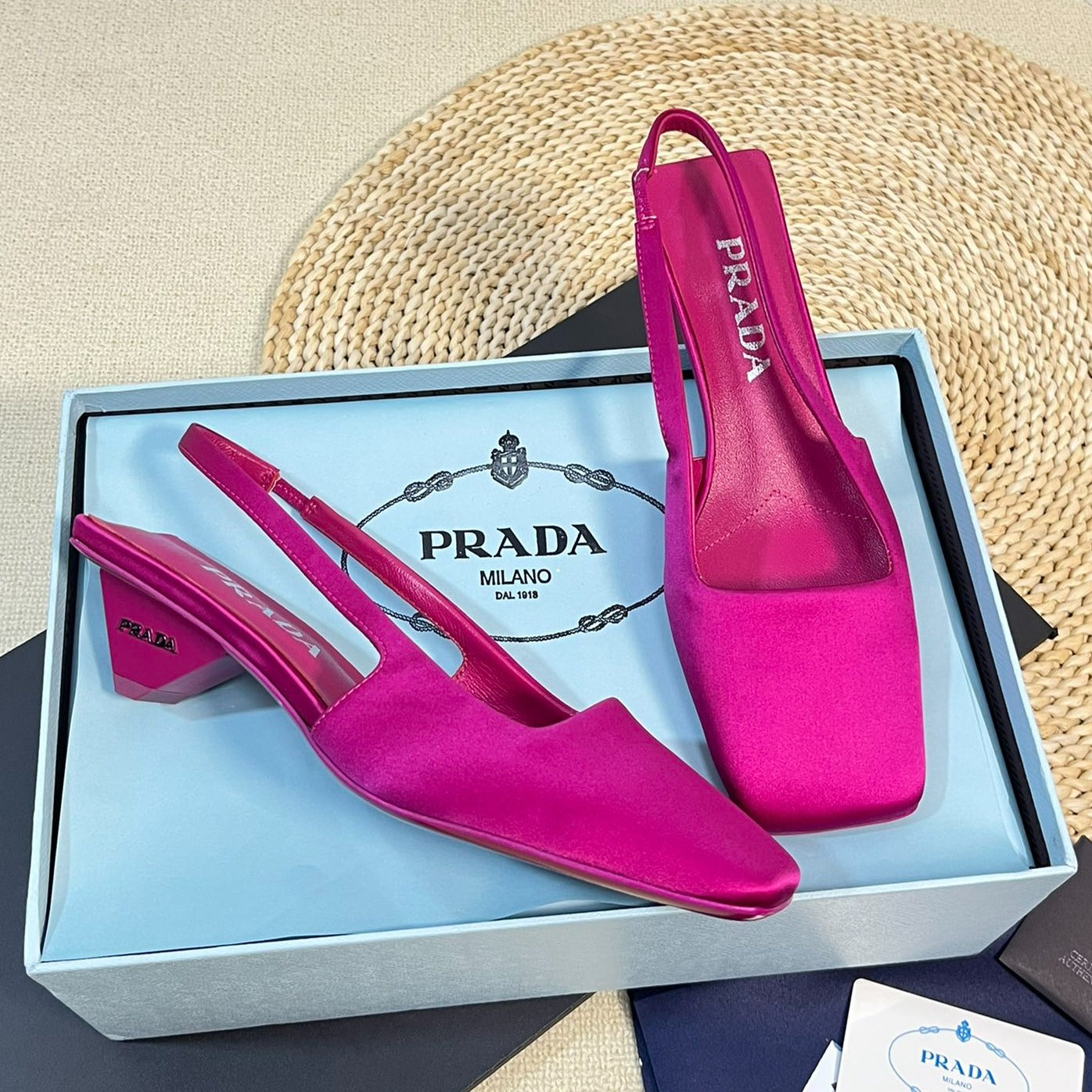 PRA SQUARE TOE SLINGBACK PUMPS BARBIE PINK SATIN - 35