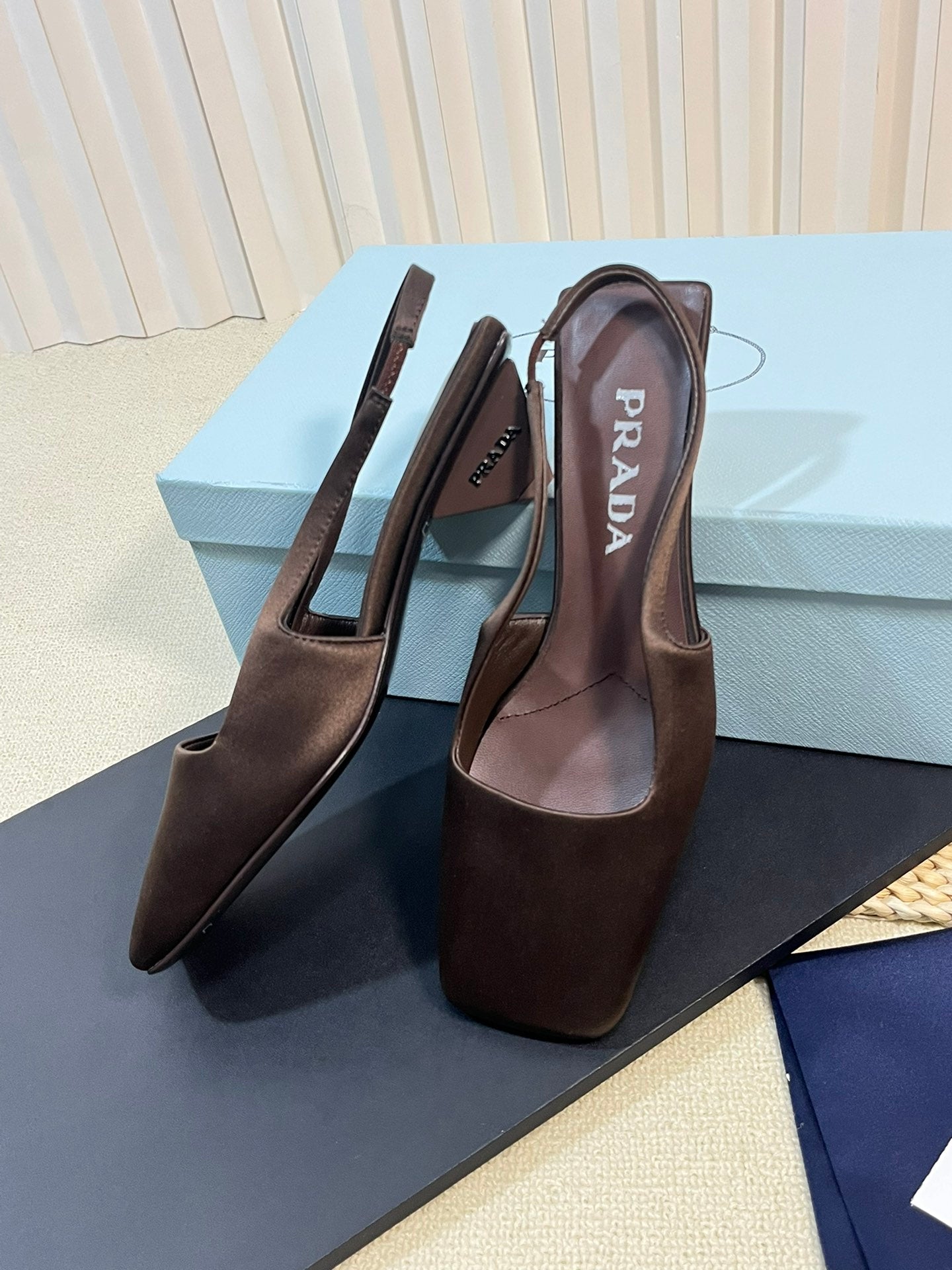 PRA SQUARE TOE SLINGBACK PUMPS CHOCOLATE SATIN - 35