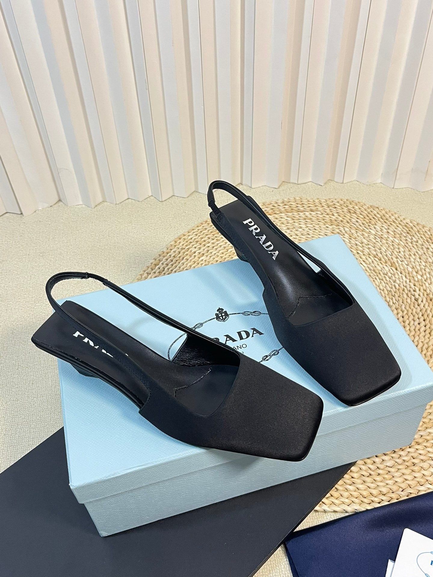 PRA SQUARE TOE SLINGBACK PUMPS BLACK SATIN - 35