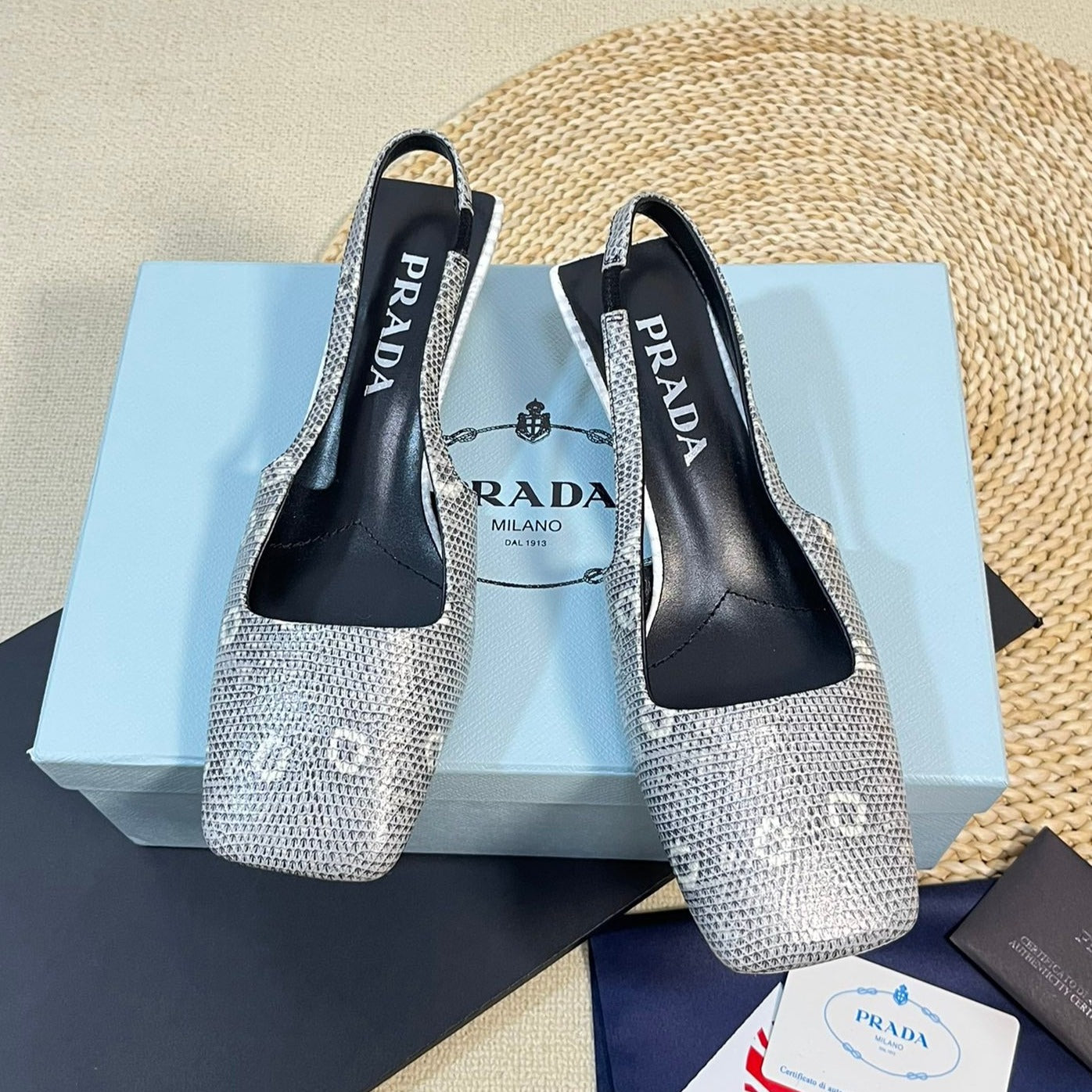 PRA SQUARE TOE SLINGBACK PUMPS PALE SNAKESKIN MOTIF SATIN - 35
