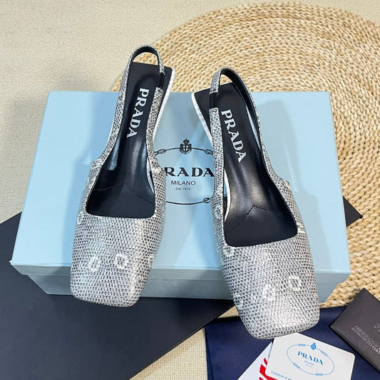 PRA SQUARE TOE SLINGBACK PUMPS PALE SNAKESKIN MOTIF SATIN - 35