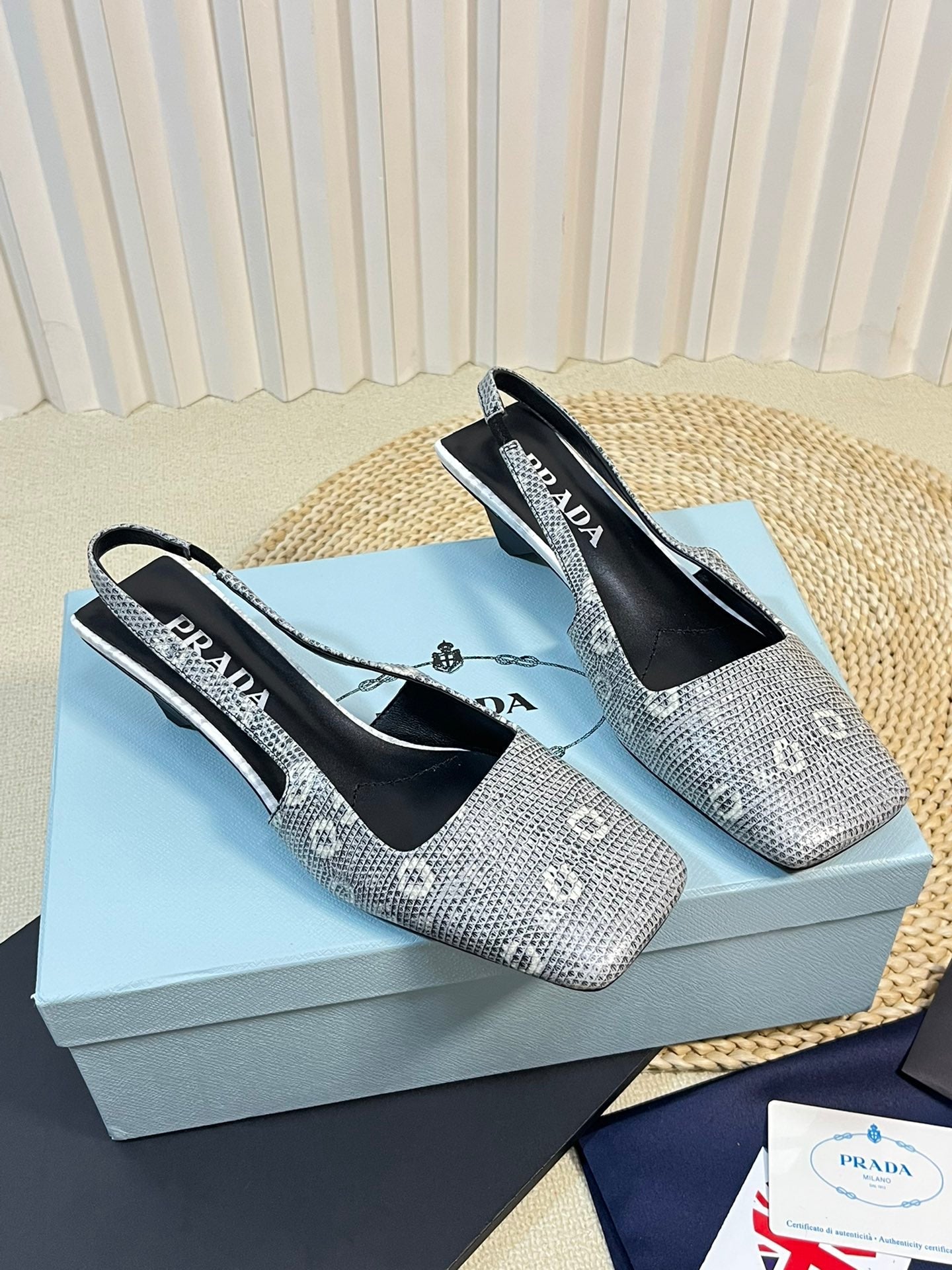 PRA SQUARE TOE SLINGBACK PUMPS PALE SNAKESKIN MOTIF SATIN - 35