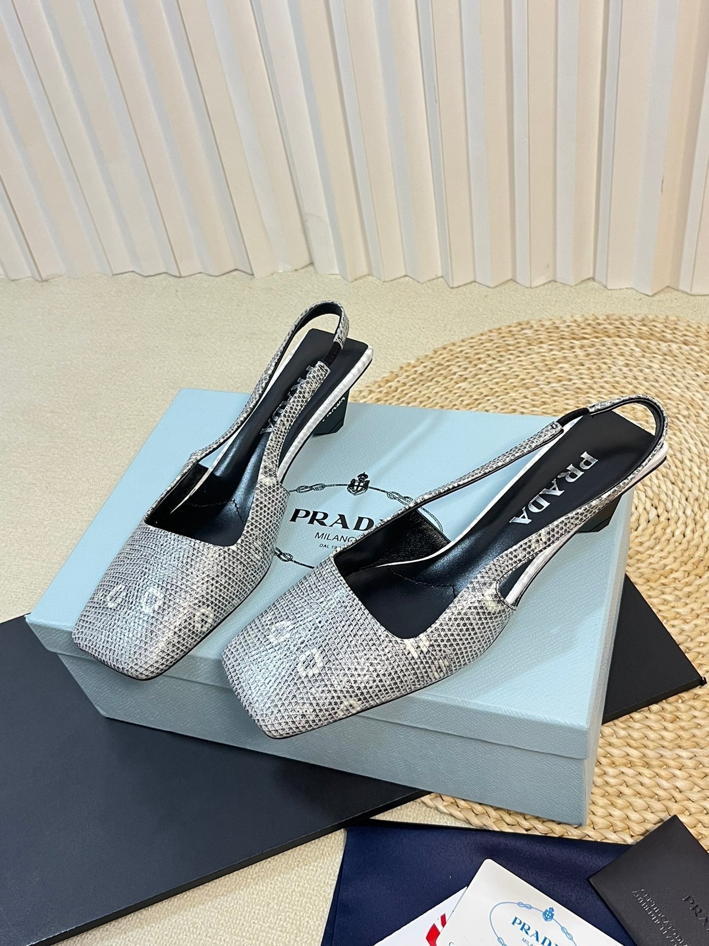 PRA SQUARE TOE SLINGBACK PUMPS PALE SNAKESKIN MOTIF SATIN - 35
