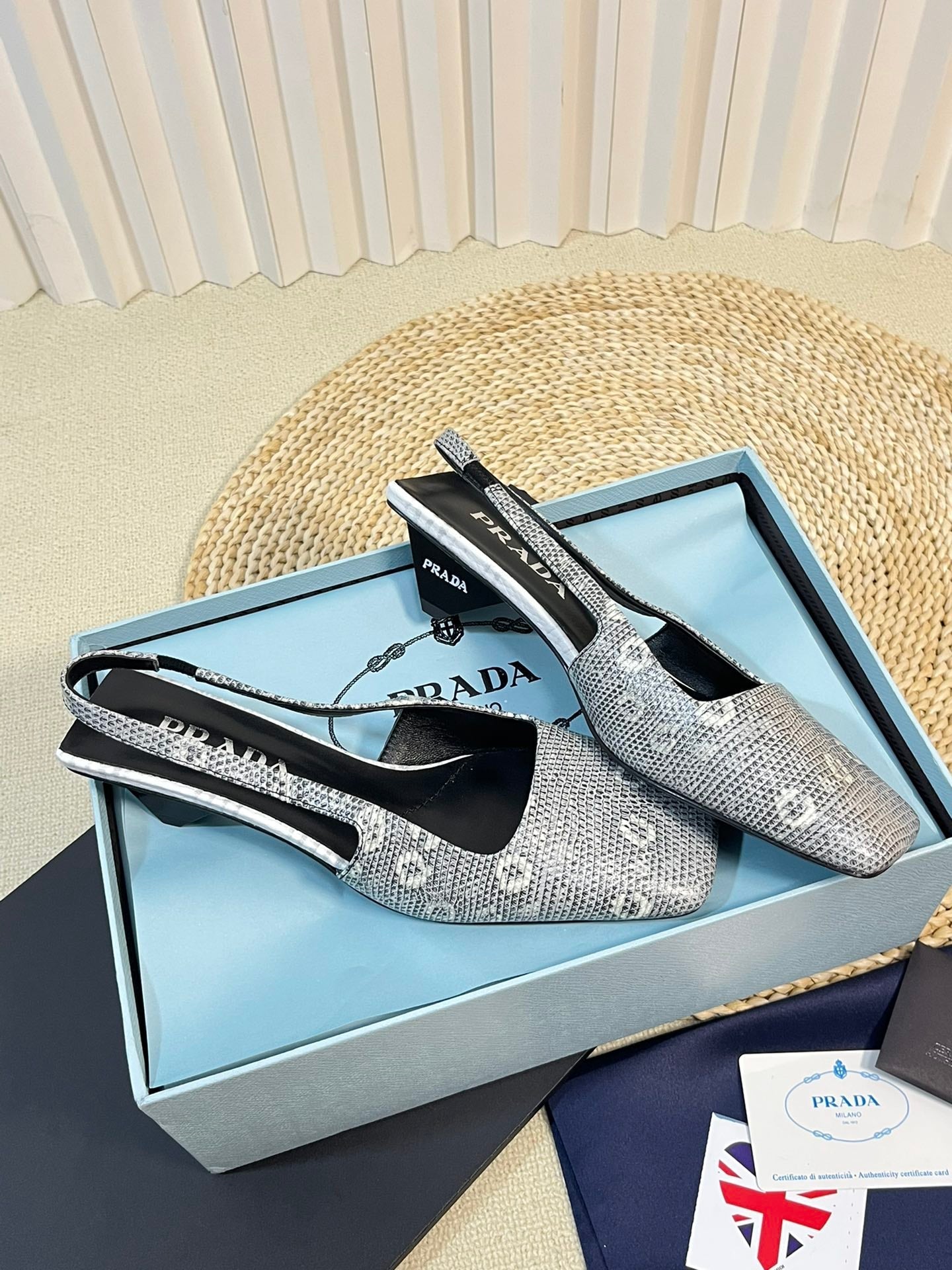 PRA SQUARE TOE SLINGBACK PUMPS PALE SNAKESKIN MOTIF SATIN - 35