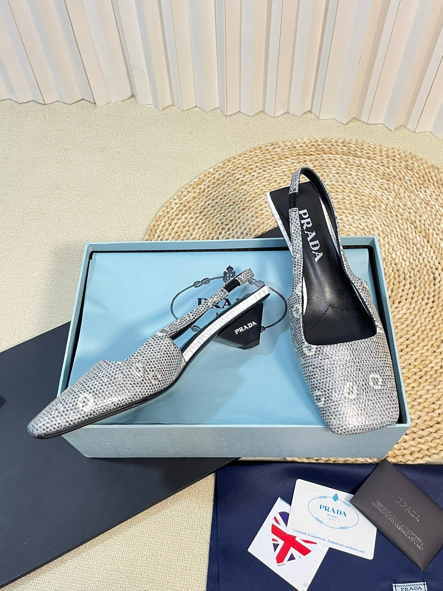 PRA SQUARE TOE SLINGBACK PUMPS PALE SNAKESKIN MOTIF SATIN - 35
