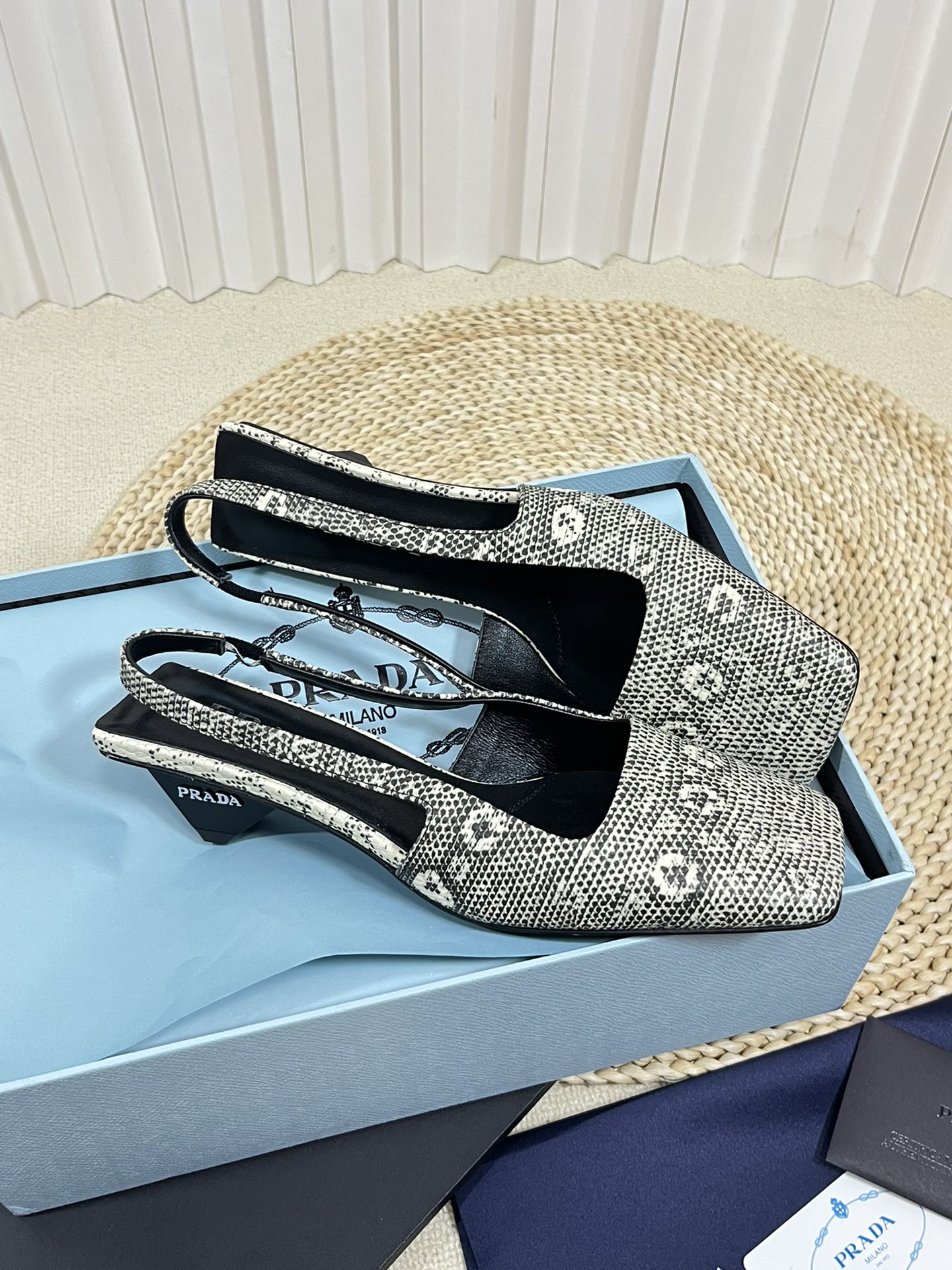 PRA SQUARE TOE SLINGBACK PUMPS SNAKESKIN MOTIF SATIN - 35