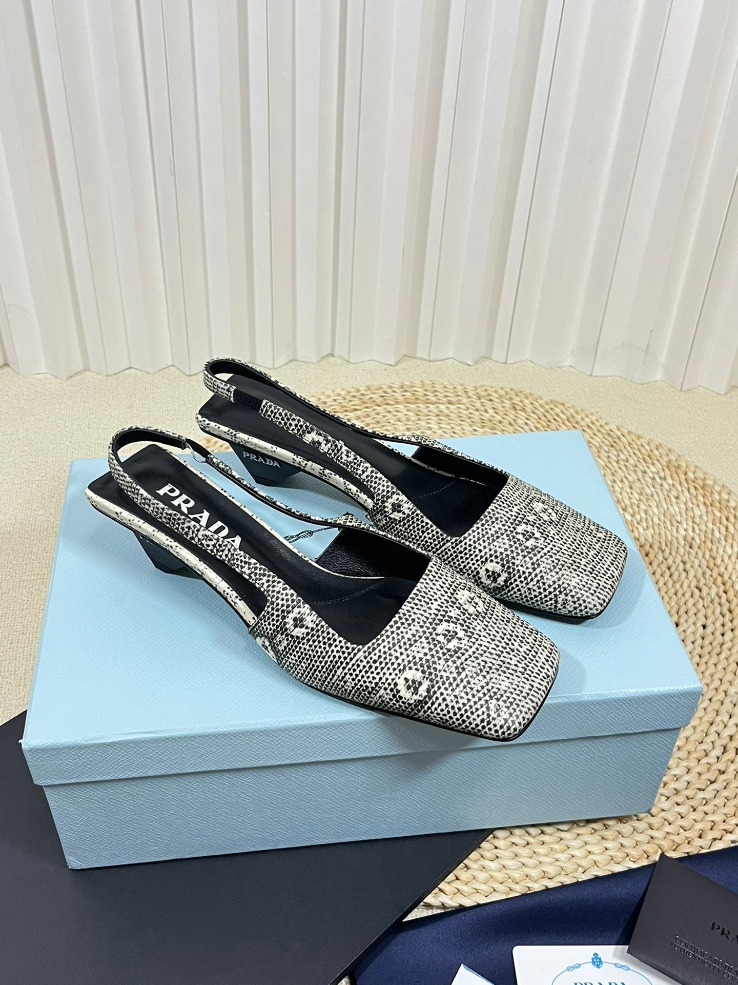 PRA SQUARE TOE SLINGBACK PUMPS SNAKESKIN MOTIF SATIN - 35