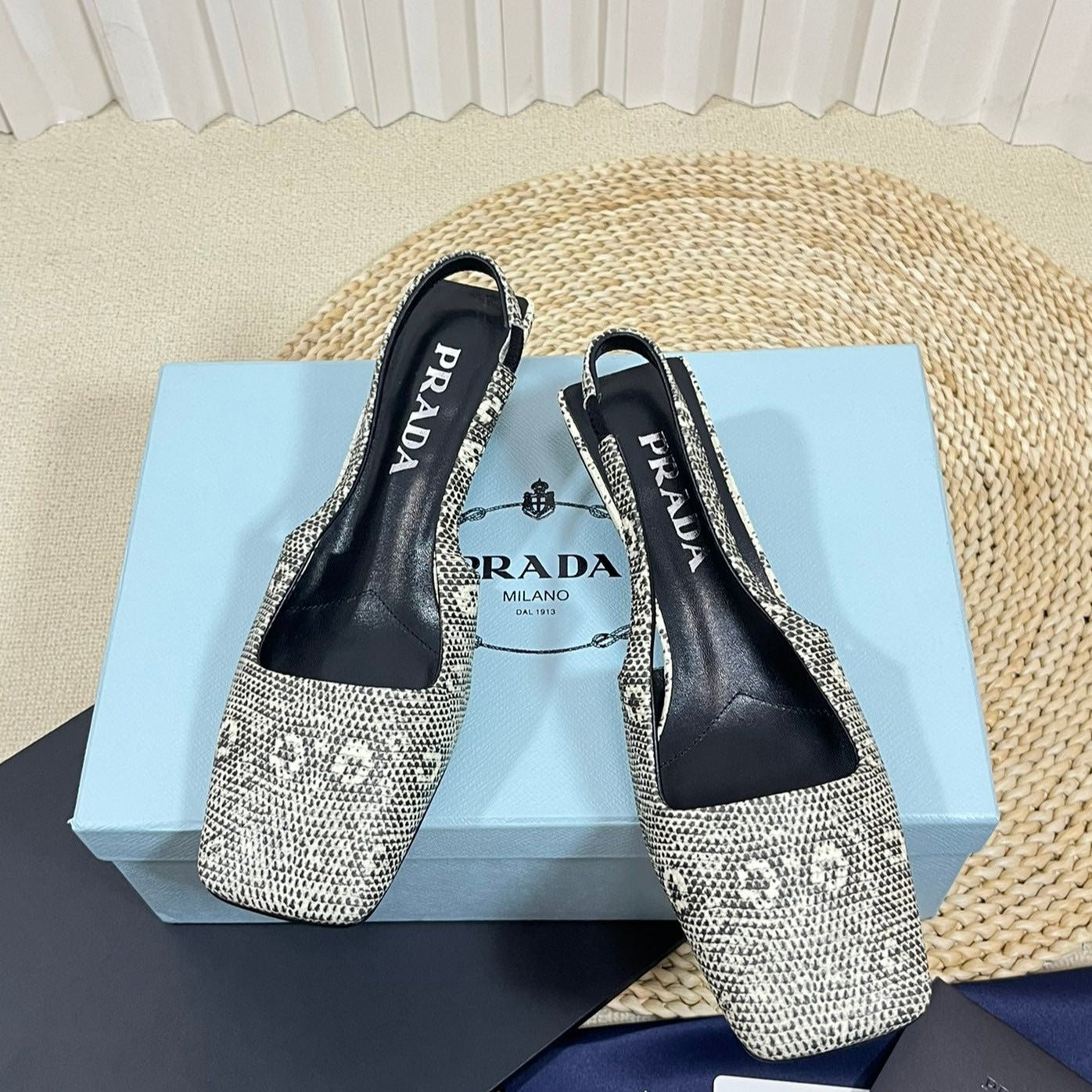 PRA SQUARE TOE SLINGBACK PUMPS SNAKESKIN MOTIF SATIN - 35