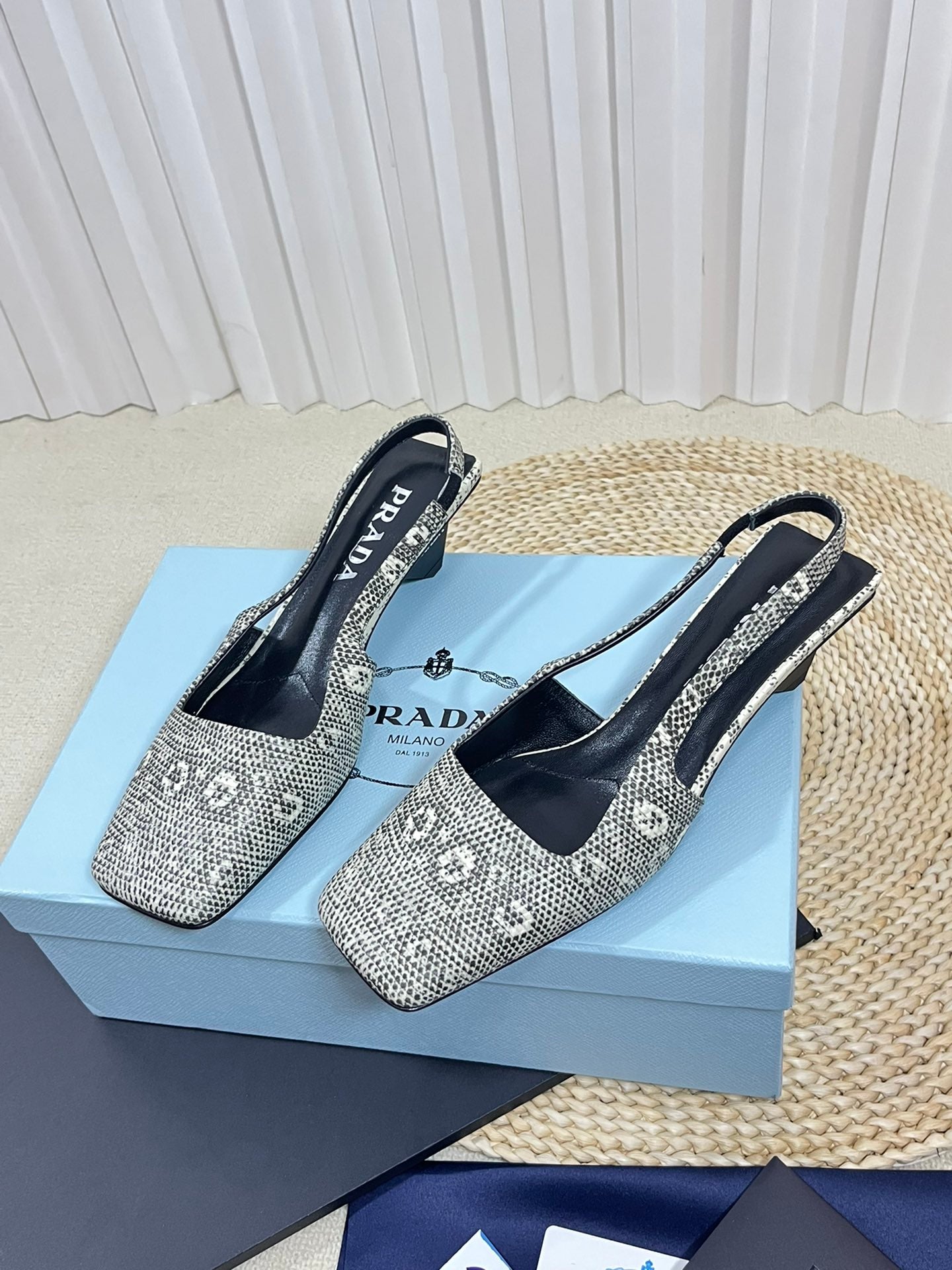 PRA SQUARE TOE SLINGBACK PUMPS SNAKESKIN MOTIF SATIN - 35