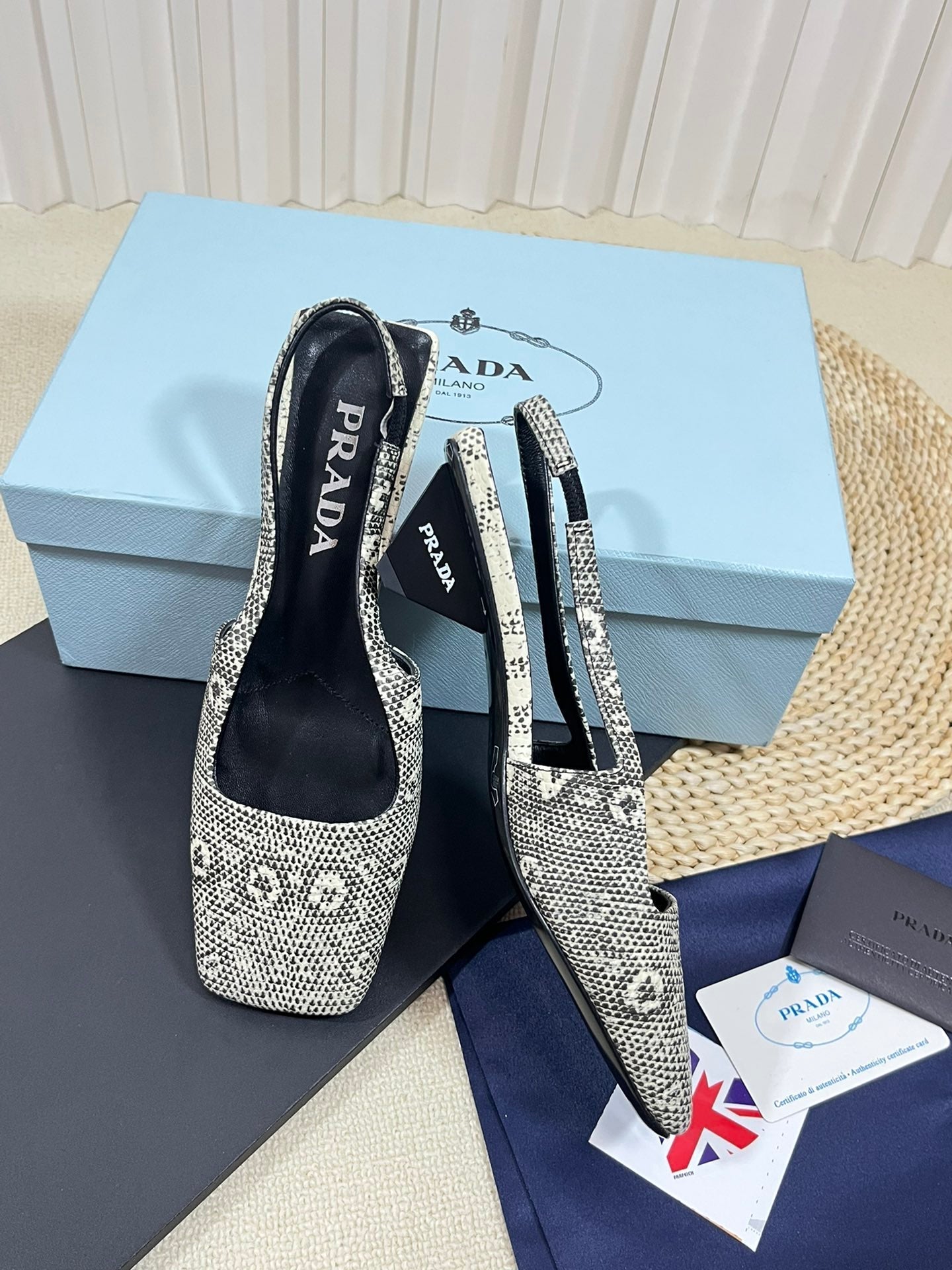 PRA SQUARE TOE SLINGBACK PUMPS SNAKESKIN MOTIF SATIN - 35