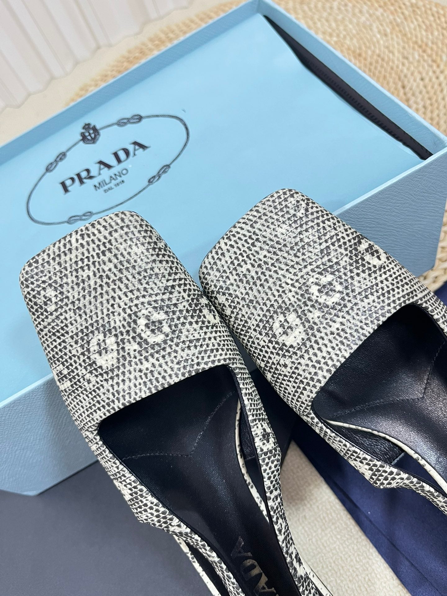 PRA SQUARE TOE SLINGBACK PUMPS SNAKESKIN MOTIF SATIN - 35