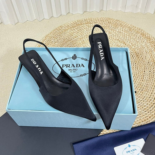 PRA POINTED TOE SLINGBACK PUMPS BLACK SATIN - 35
