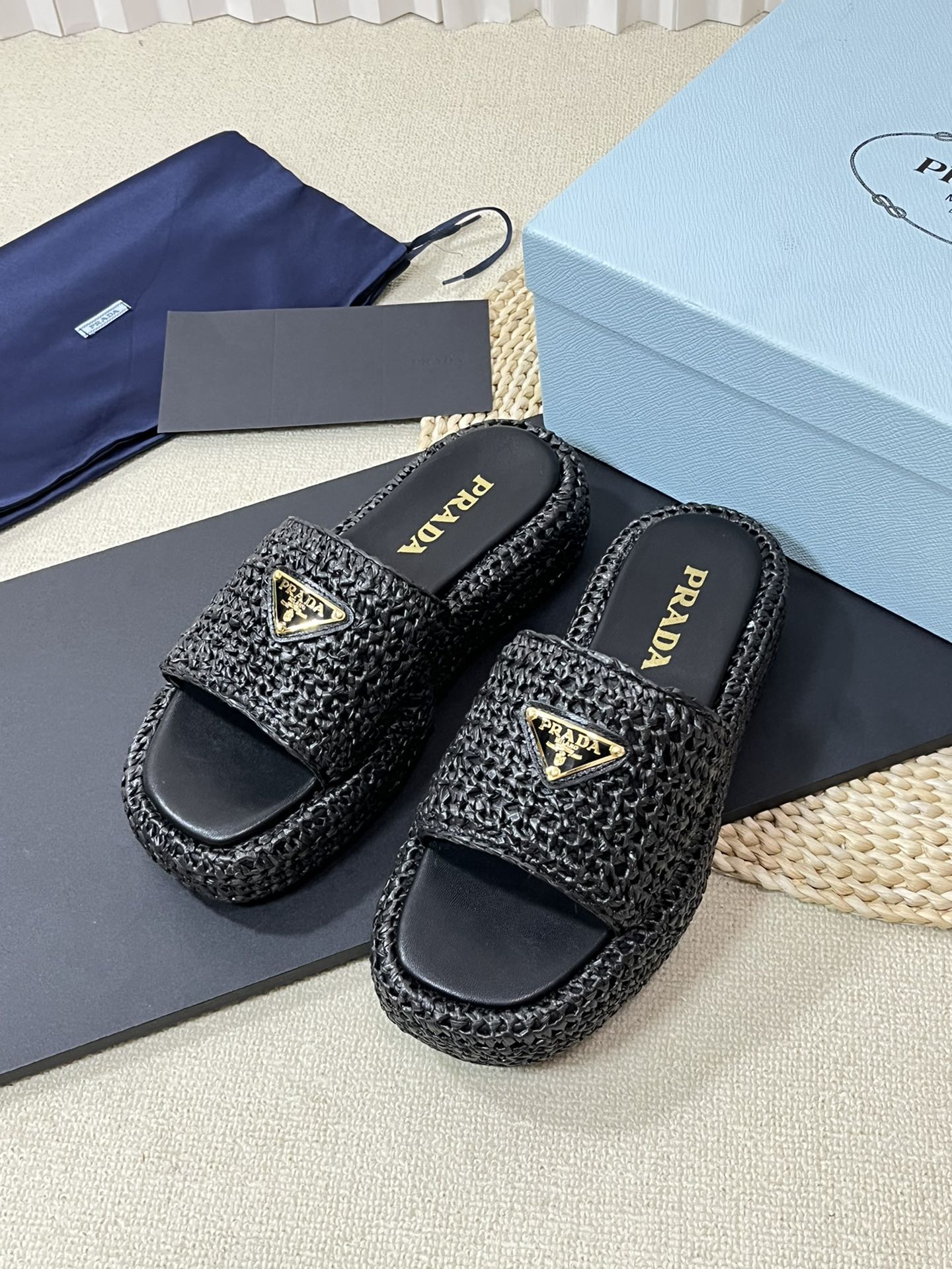 PRA CROCHET FLATFORM SLIDES BLACK RAFFIA - 35