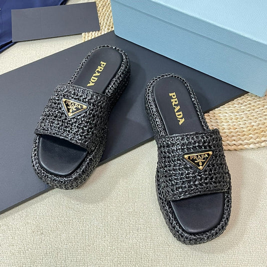 PRA CROCHET FLATFORM SLIDES BLACK RAFFIA - 35