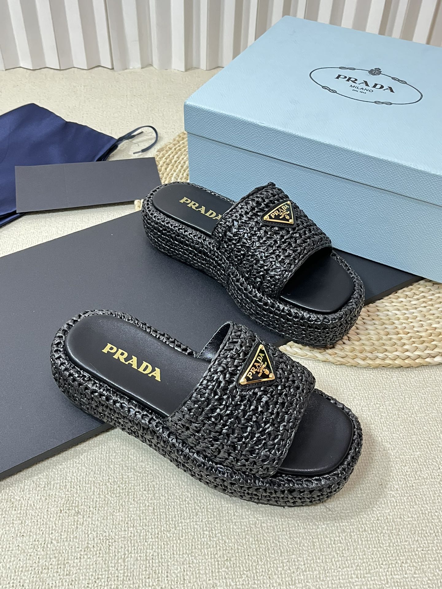 PRA CROCHET FLATFORM SLIDES BLACK RAFFIA - 35