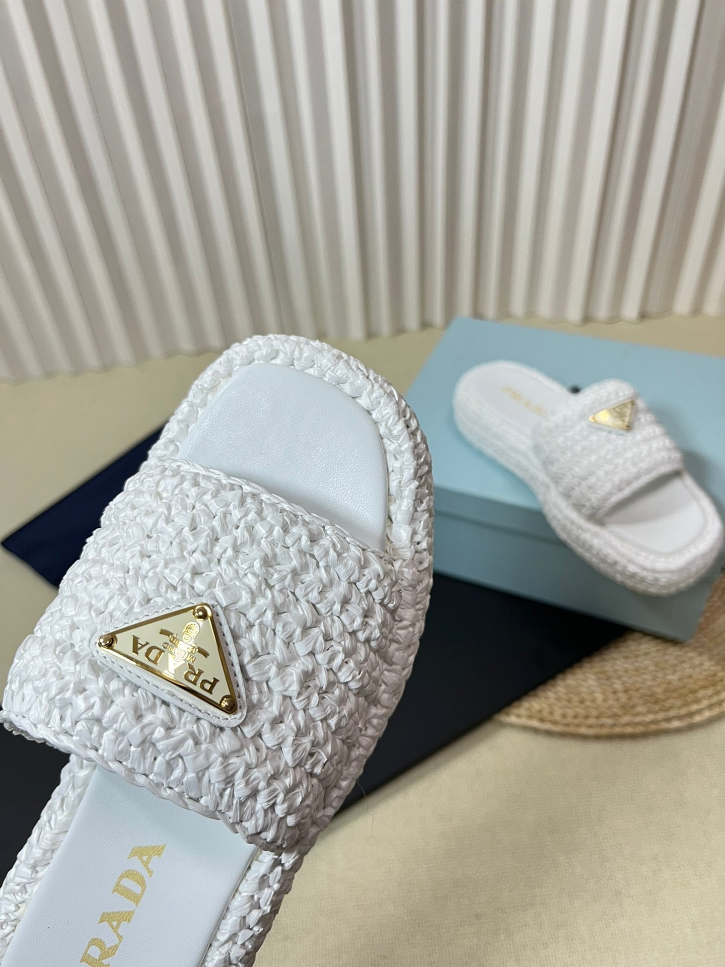 PRA CROCHET FLATFORM SLIDES WHITE RAFFIA - 35