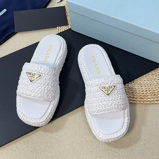 PRA CROCHET FLATFORM SLIDES WHITE RAFFIA - 35