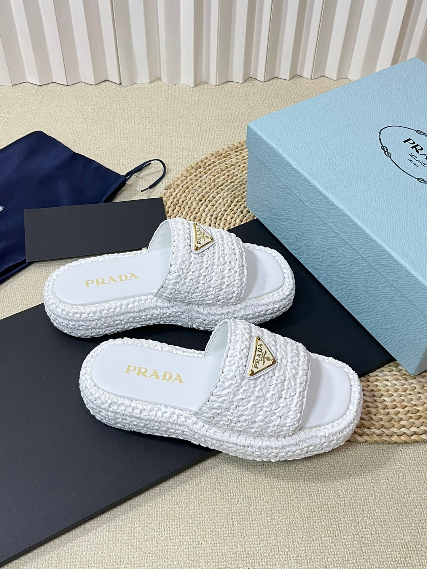 PRA CROCHET FLATFORM SLIDES WHITE RAFFIA - 35