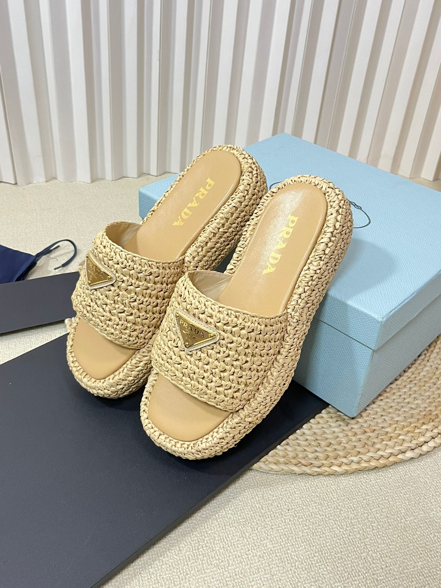 PRA WEDGE FLATFORM SLIDES BEIGE RAFFIA - 35