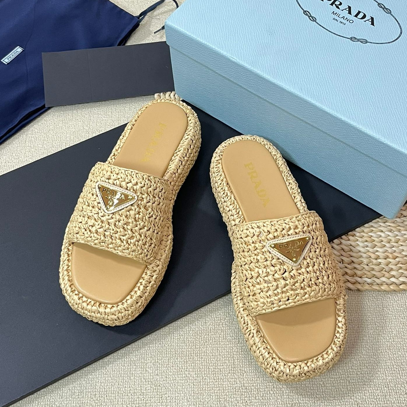 PRA WEDGE FLATFORM SLIDES BEIGE RAFFIA - 35