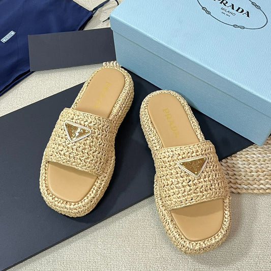 PRA WEDGE FLATFORM SLIDES BEIGE RAFFIA - 35