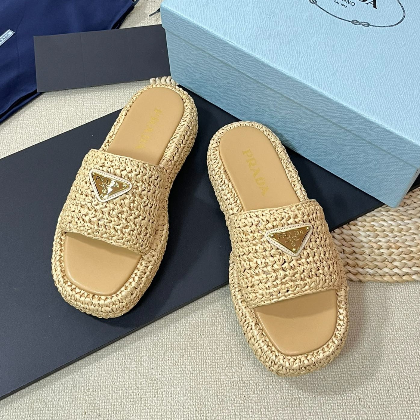 PRA CROCHET FLATFORM SLIDES BEIGE RAFFIA - 35