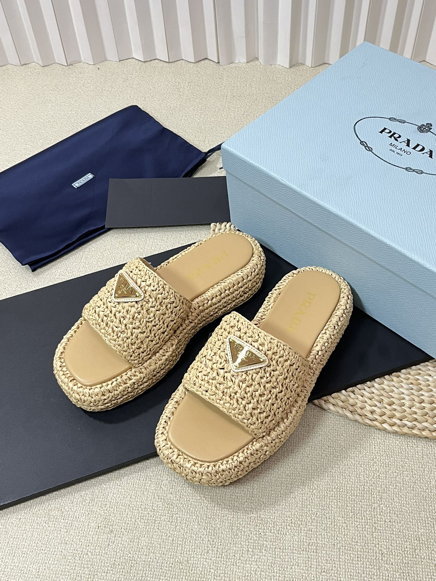 PRA CROCHET FLATFORM SLIDES BEIGE RAFFIA - 35