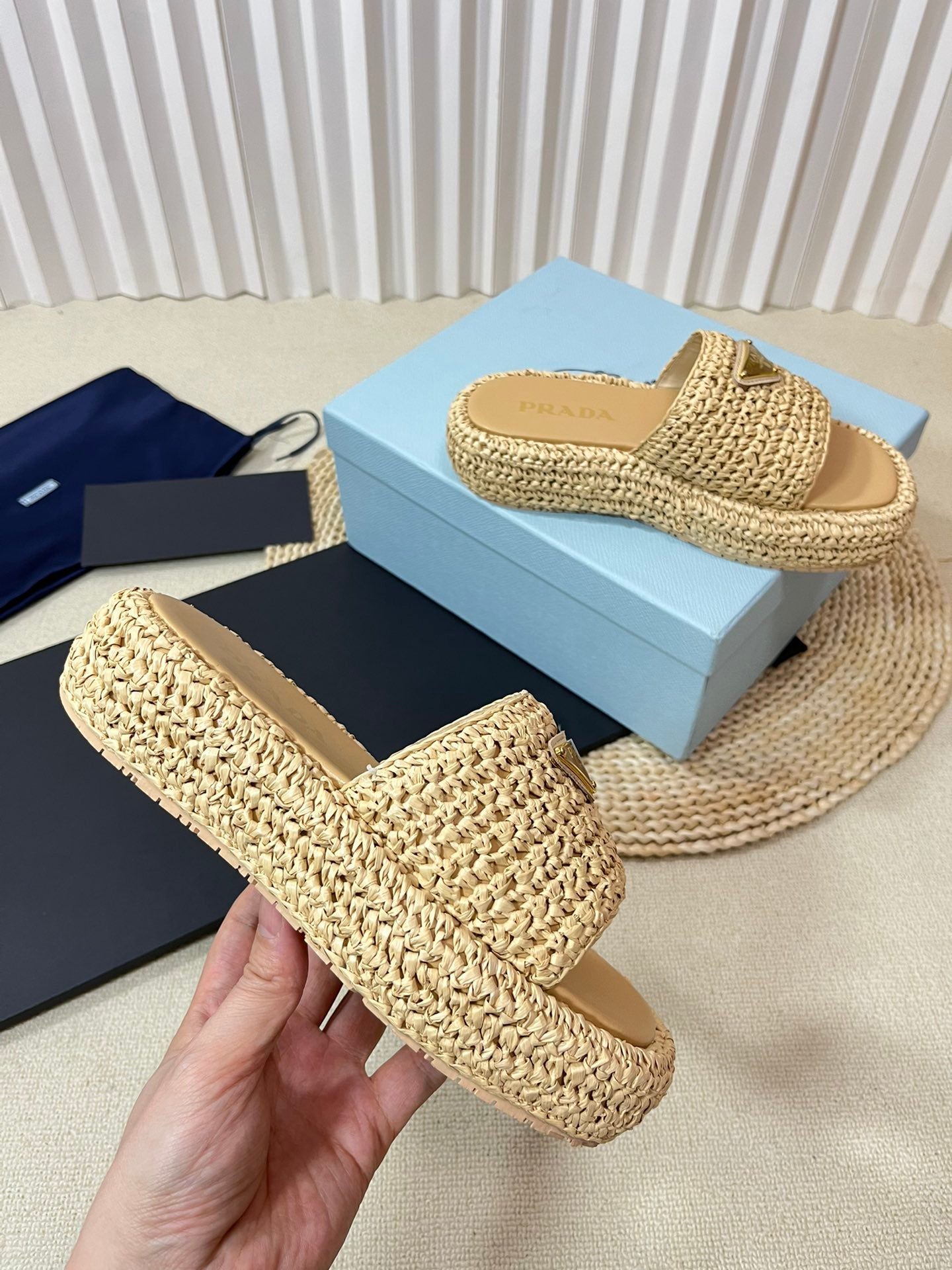 PRA CROCHET FLATFORM SLIDES BEIGE RAFFIA - 35
