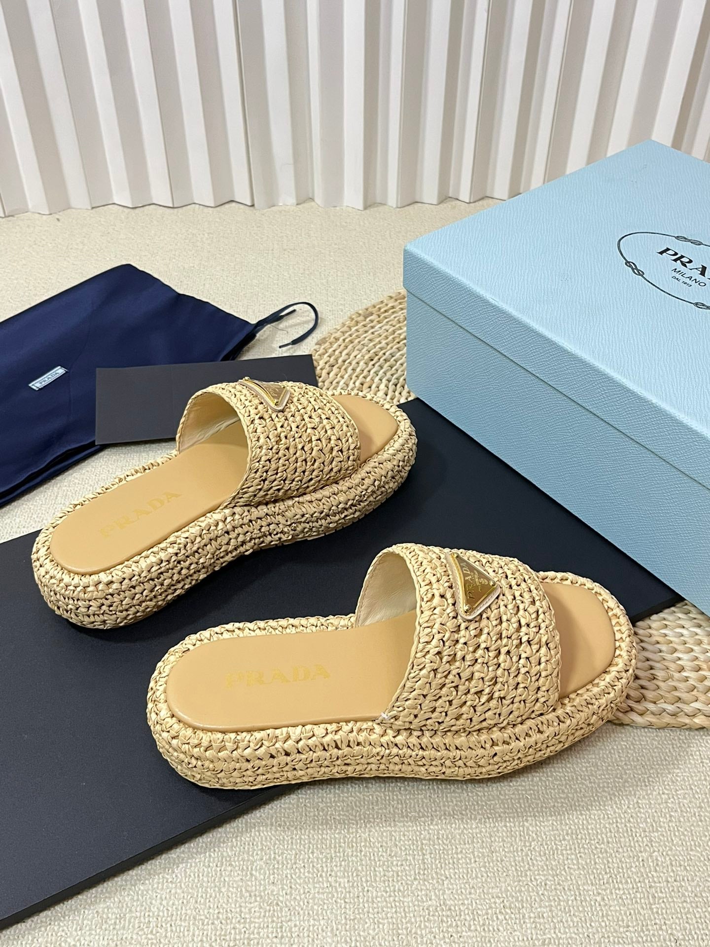 PRA CROCHET FLATFORM SLIDES BEIGE RAFFIA - 35