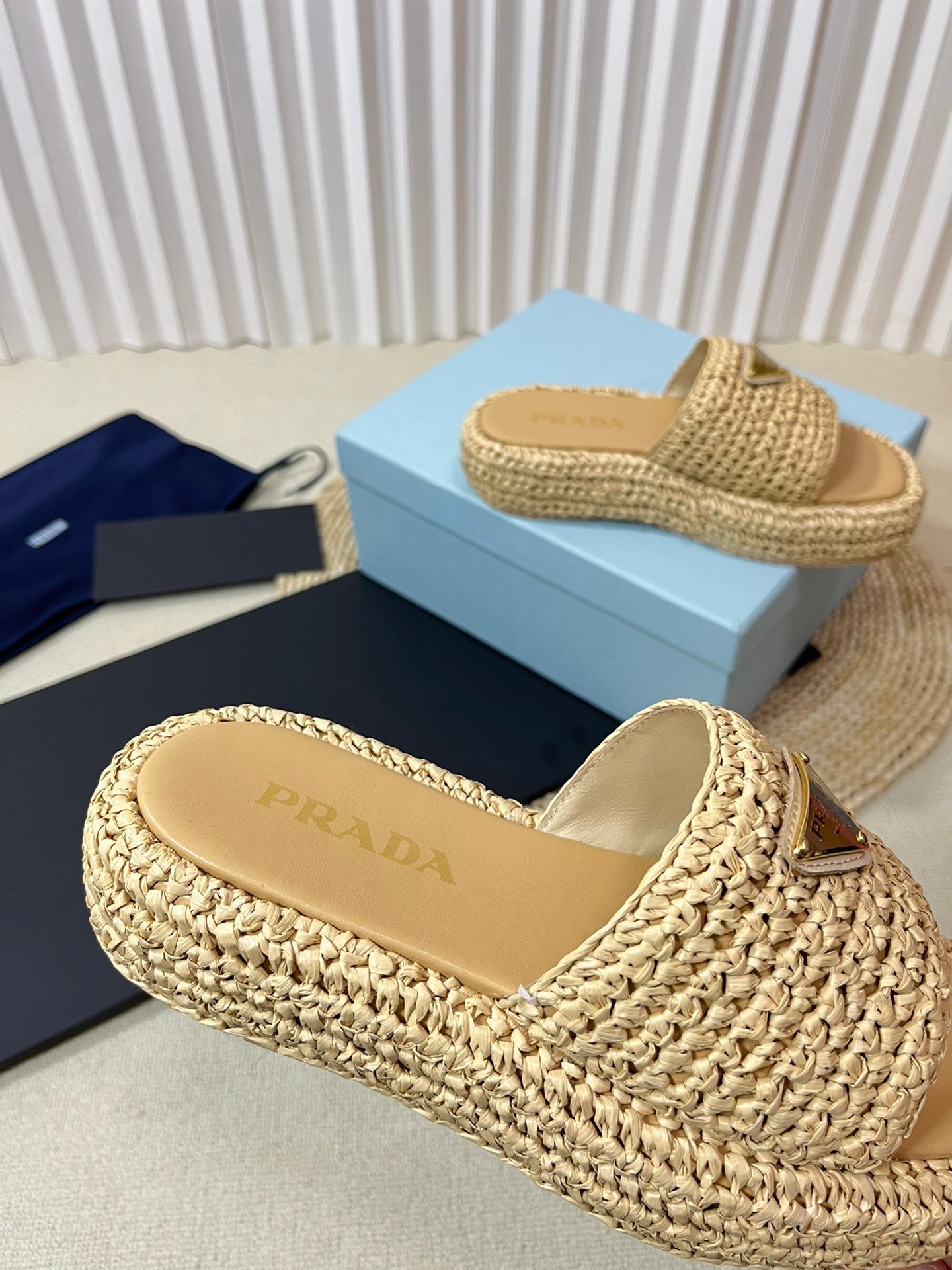 PRA CROCHET FLATFORM SLIDES BEIGE RAFFIA - 35