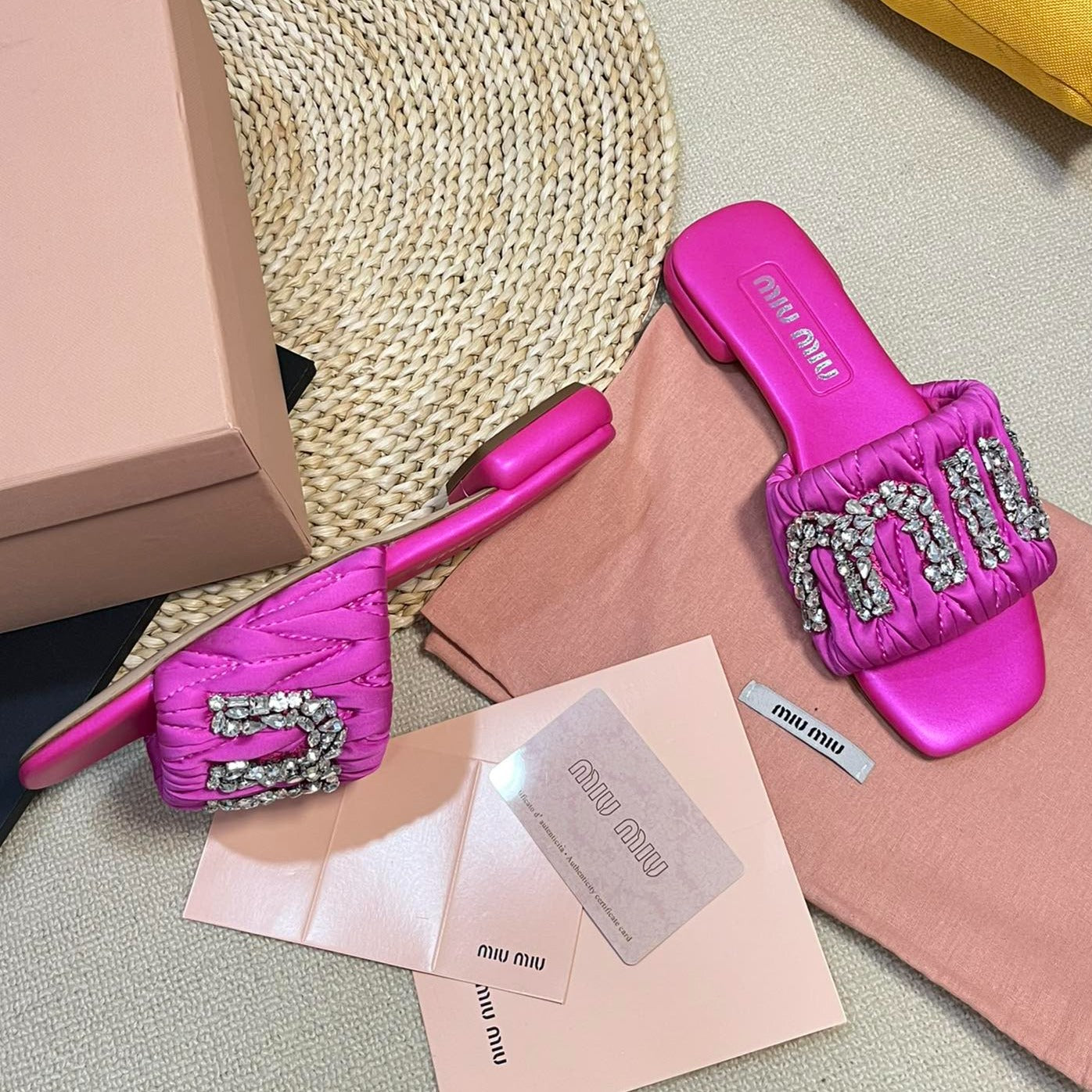 Women's Bright Pink Leather Diamond Slippers - 35